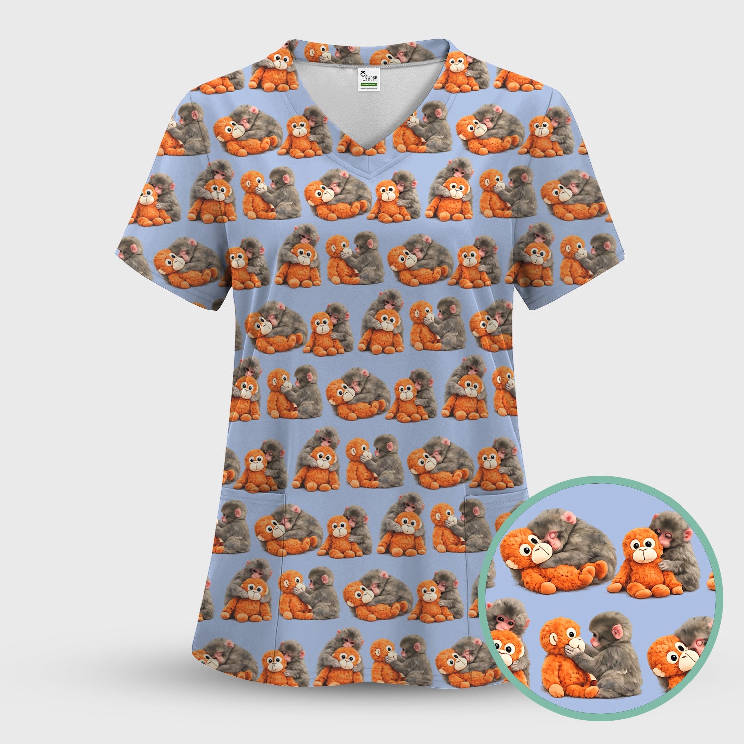 Cute Baby Monkey Plush Toy Animal Pattern Scrub Top, Breathable Medical Uniform Top