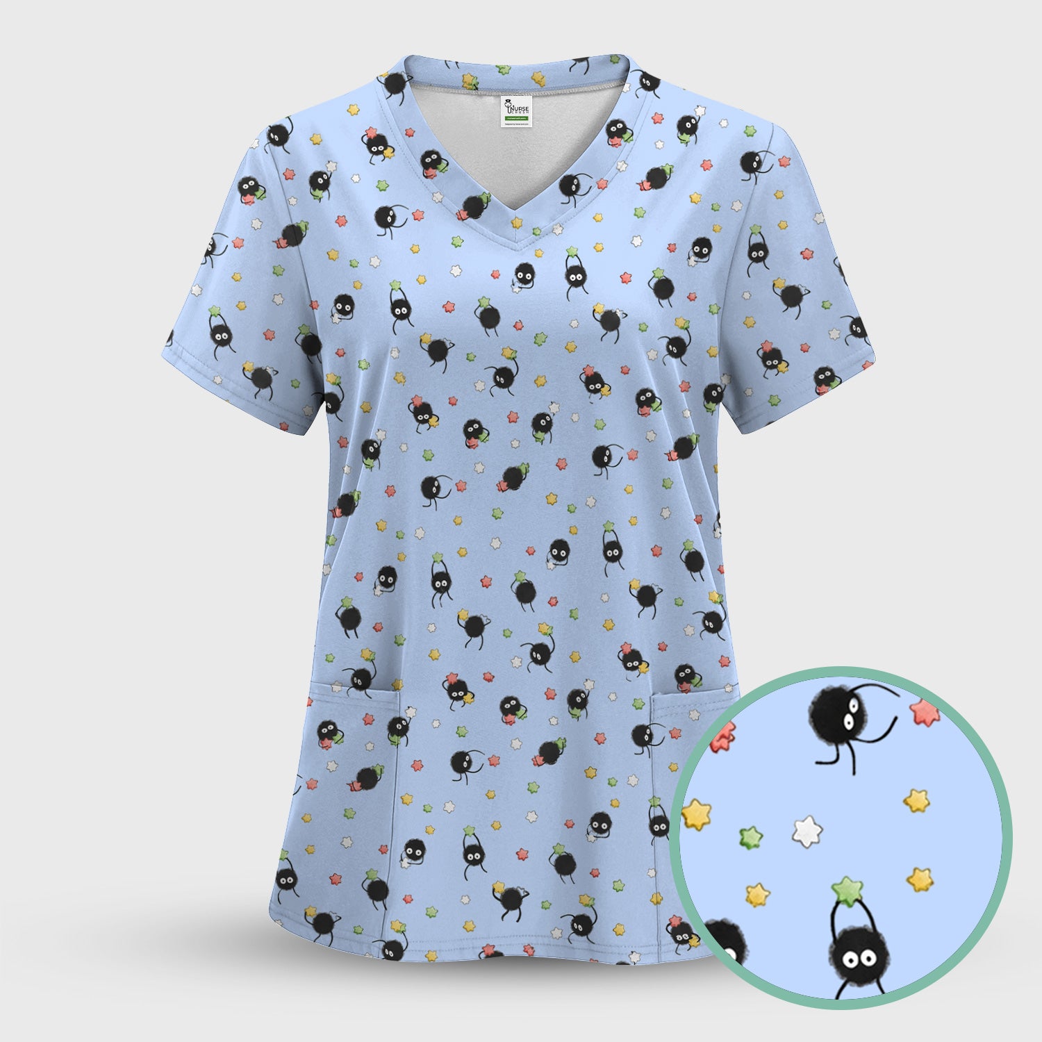 Funny Spider Pattern Pattern Pattern Scrub Top, Cartoon Spider Pattern Nursing Uniform For Women
