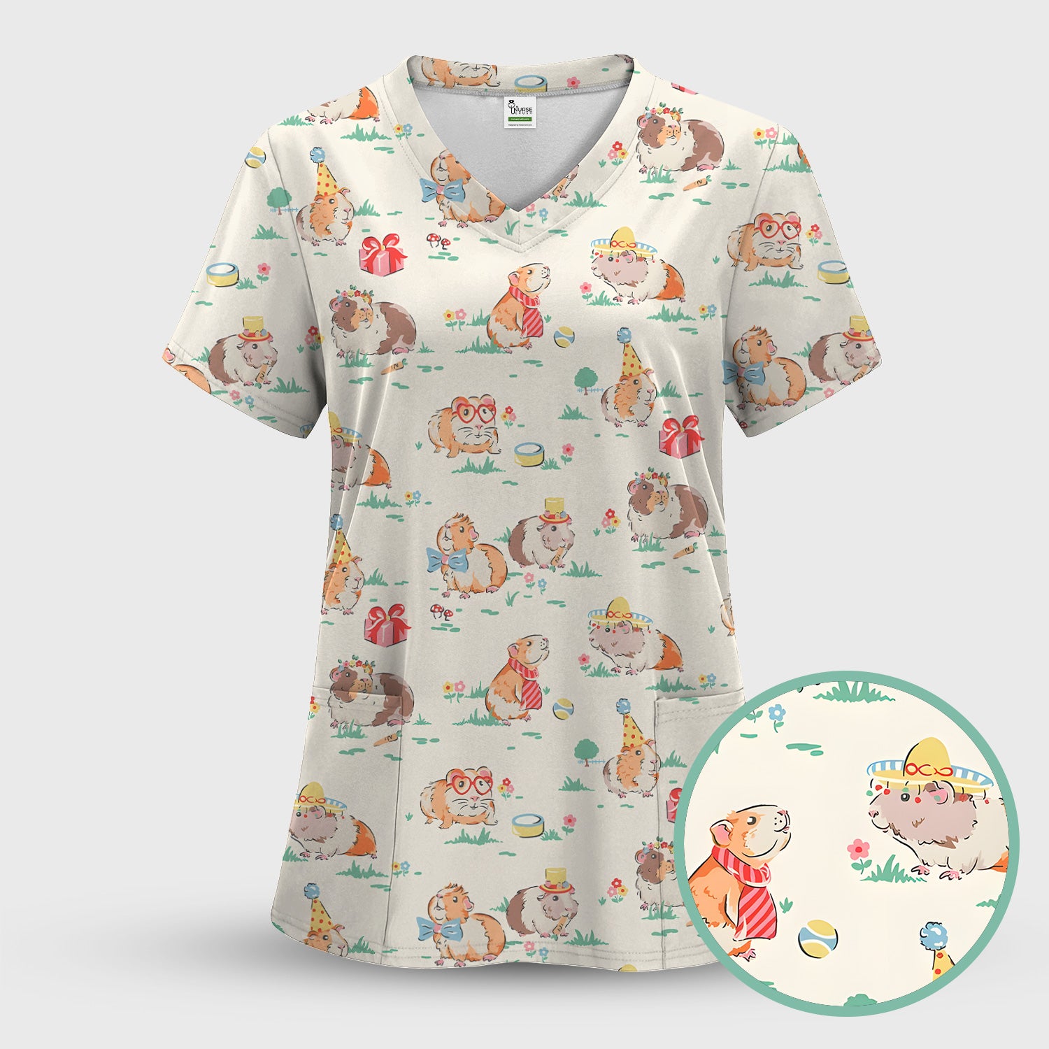 Cute Guinea Pig Party Nurse Pattern Scrub Set, Scrub Pants and V Neck Top