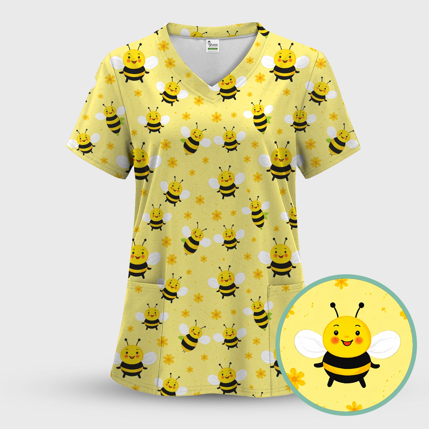 Cute Smiling Bee Yellow Floral Print Scrubs, Comfortable Scrubs for Nurses