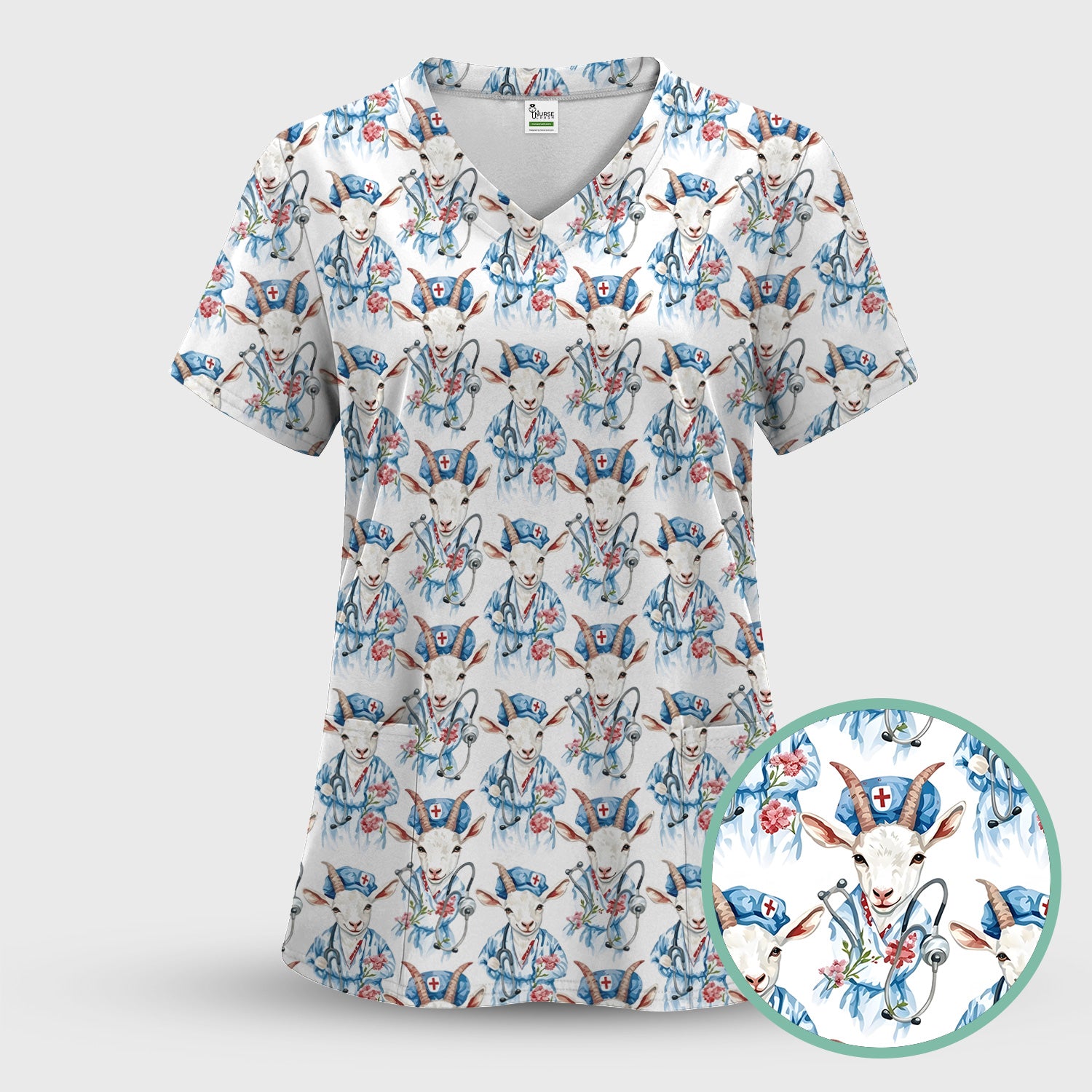 Cute Goat Animal Lover Pattern Scrub Top, Comfortable Scrubs for Nurses
