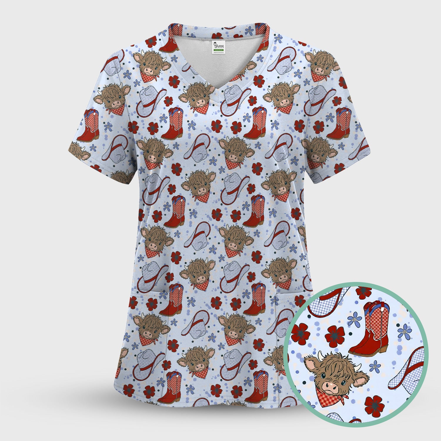 Cute Highland Cow Cowboy Boots Pattern Scrub Top, Comfortable Scrubs for Nurses