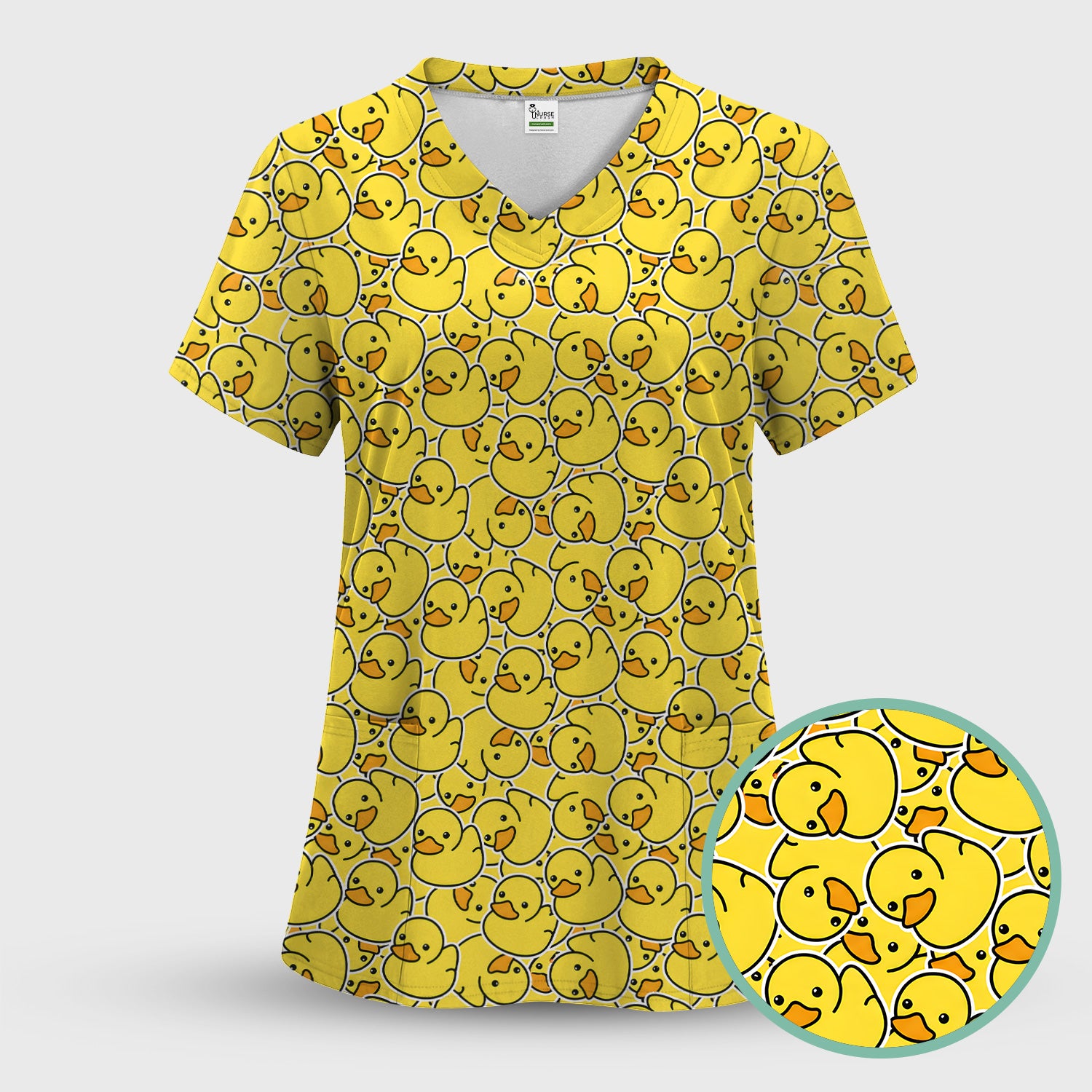 Yellow Rubber Duck Pattern Scrub Top, Comfortable Scrubs for Nurses