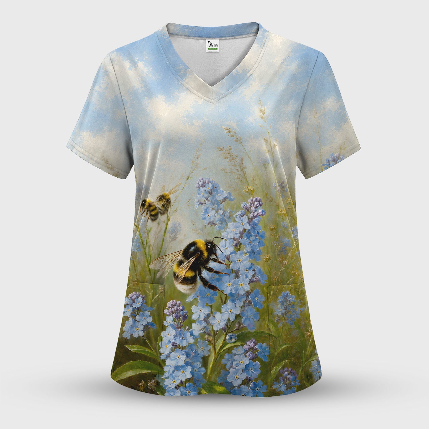 Whimsical Bumblebee Blue Blossom Pattern Scrub Top, Comfortable Scrubs for Nurses