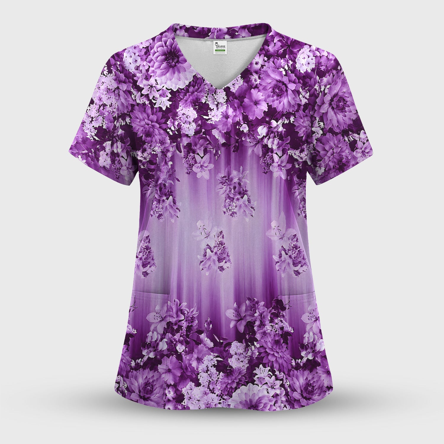 Purple Blossom Garden Pattern Scrub Top, Comfortable Scrubs for Nurses