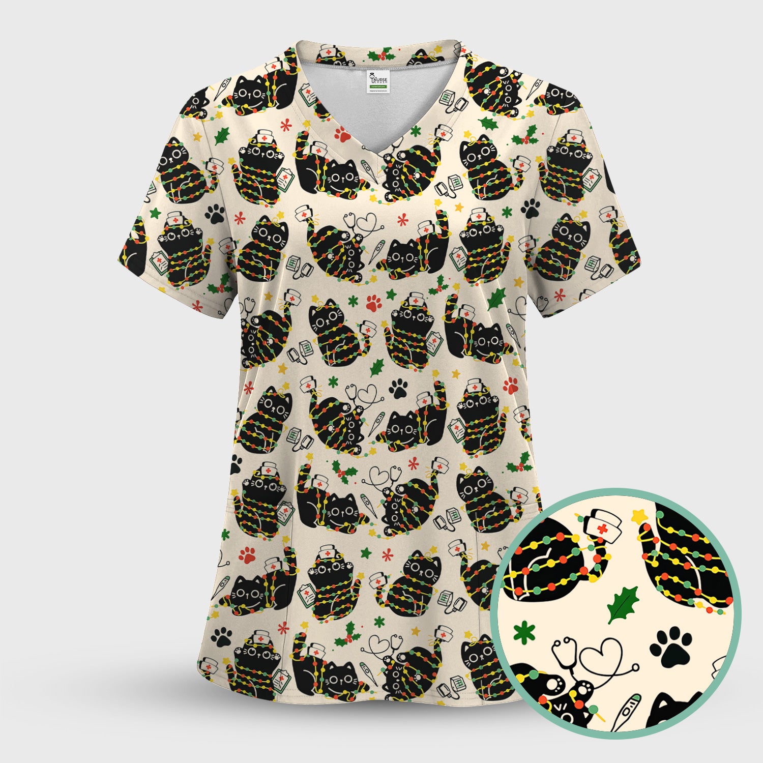 Black Cat Christmas Scrub Top – Nurse & Holiday Lights Pattern Shirt – Cute Medical Uniform For Nursing