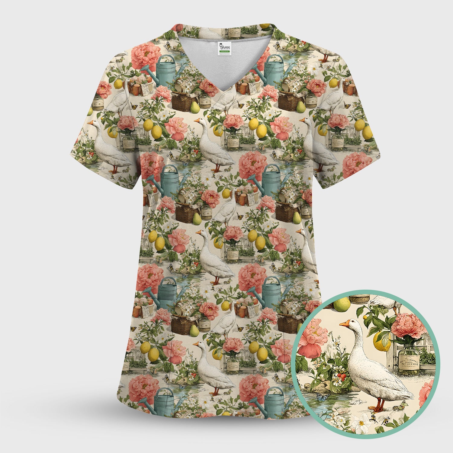 Vintage Goose Garden Floral Pattern Scrub Set, Scrub Pants and V Neck Top