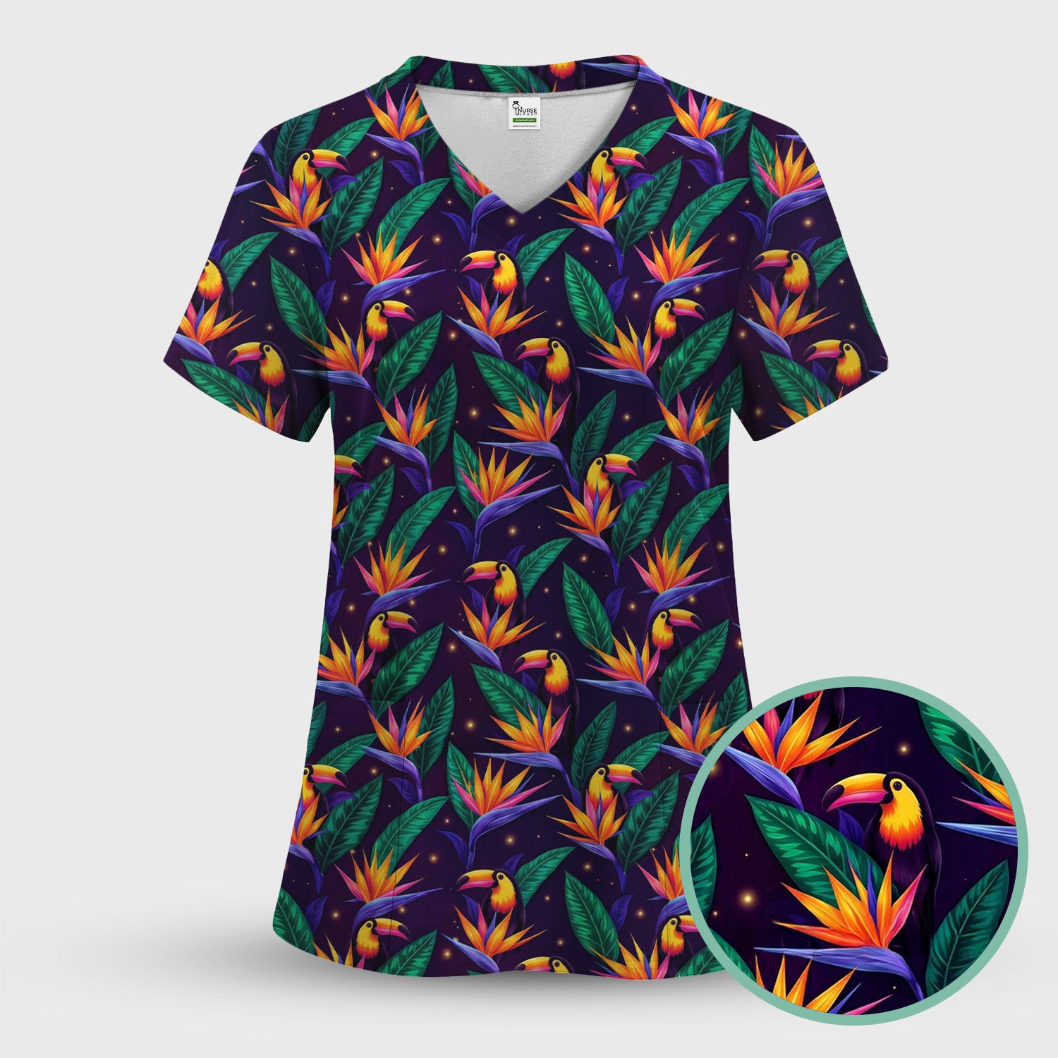 Tropical Toucan Bird Paradise Leaves Pattern Scrub Set, Scrub Pants and V Neck Top