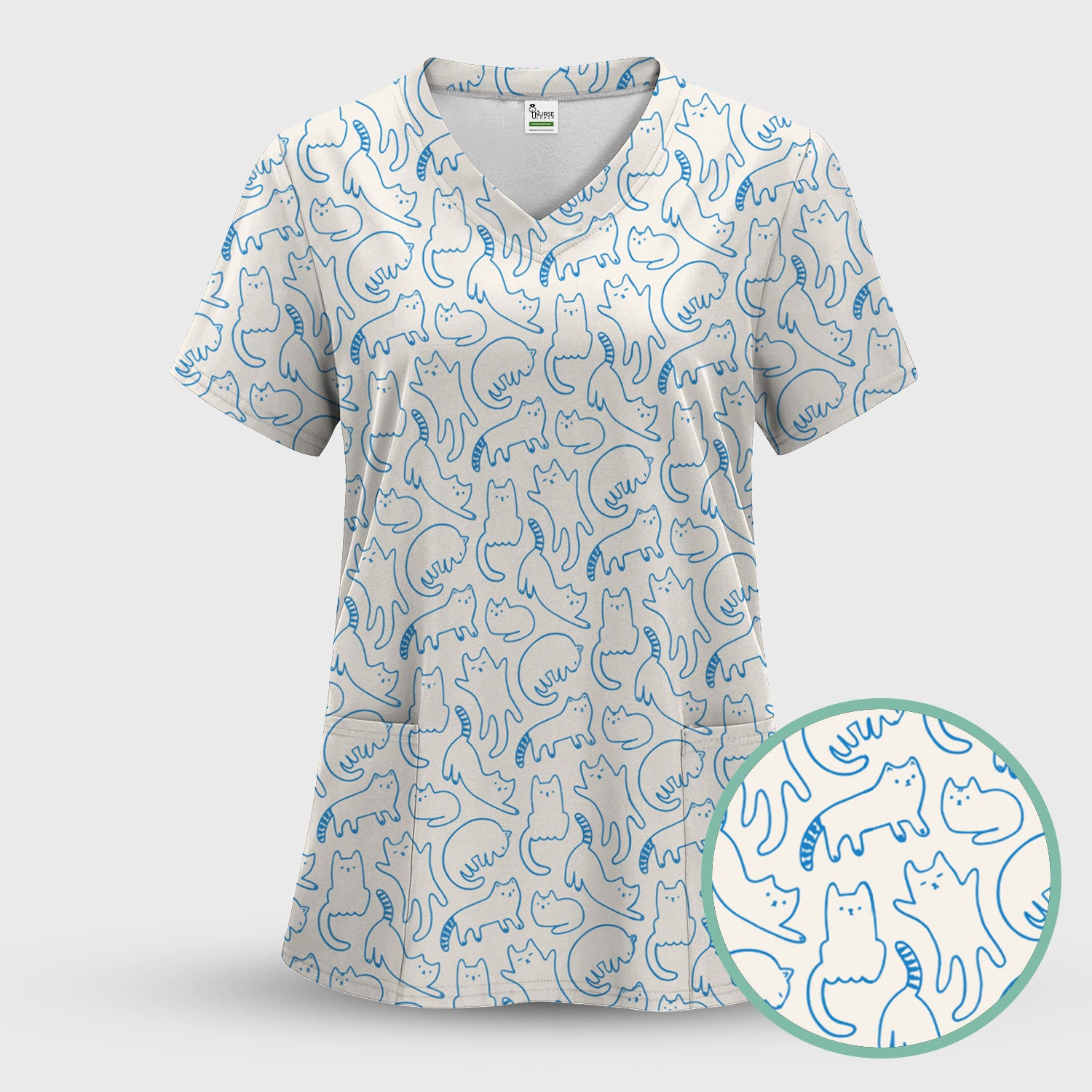Artistic Cat Pattern Medical Scrub Top, Breathable Fabrics Nursing Uniform