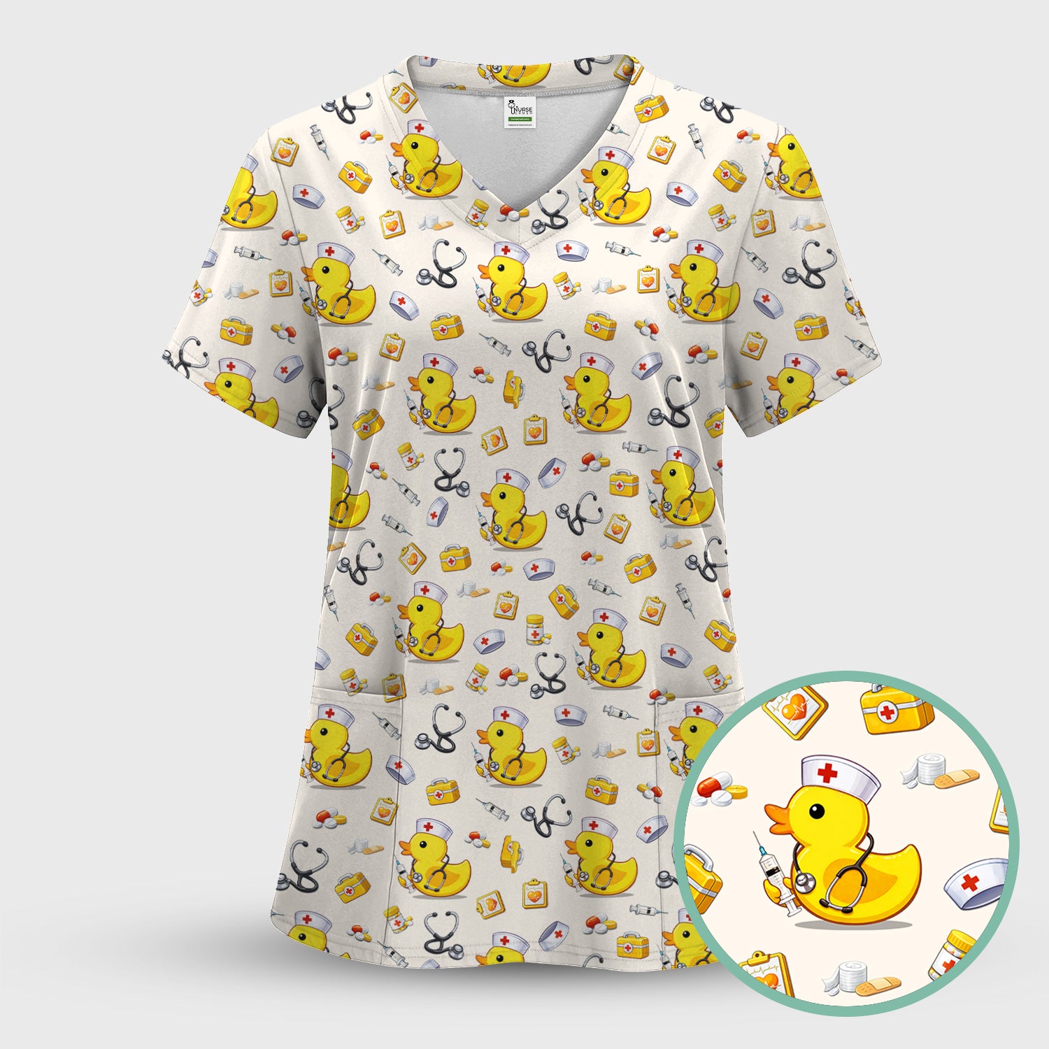 Playful Medical Duck Print Nurse Scrub Top, Comfortable Scrubs for Nurses