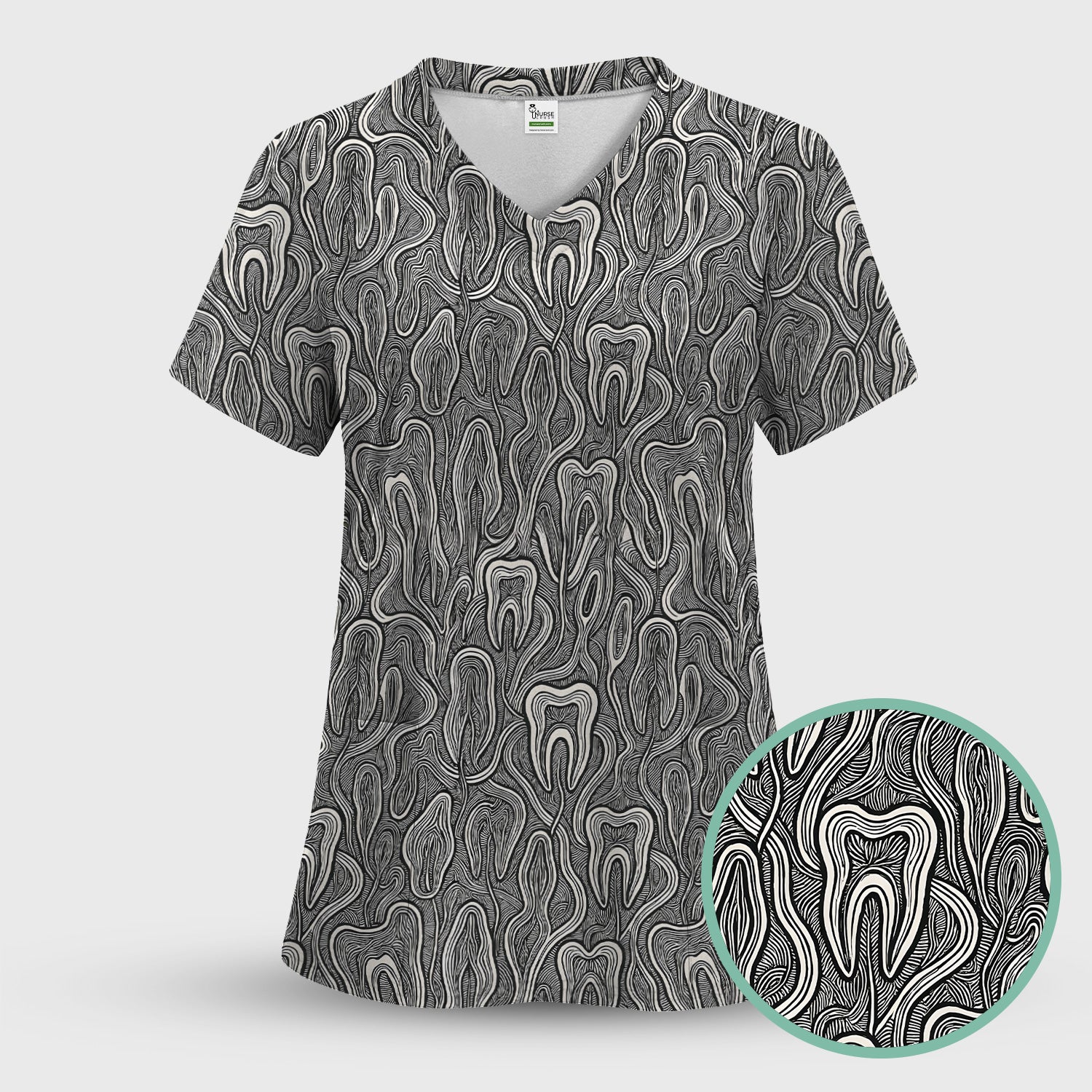 Dental Tooth Line Art Pattern Scrub Set, Scrub Pants and V Neck Top