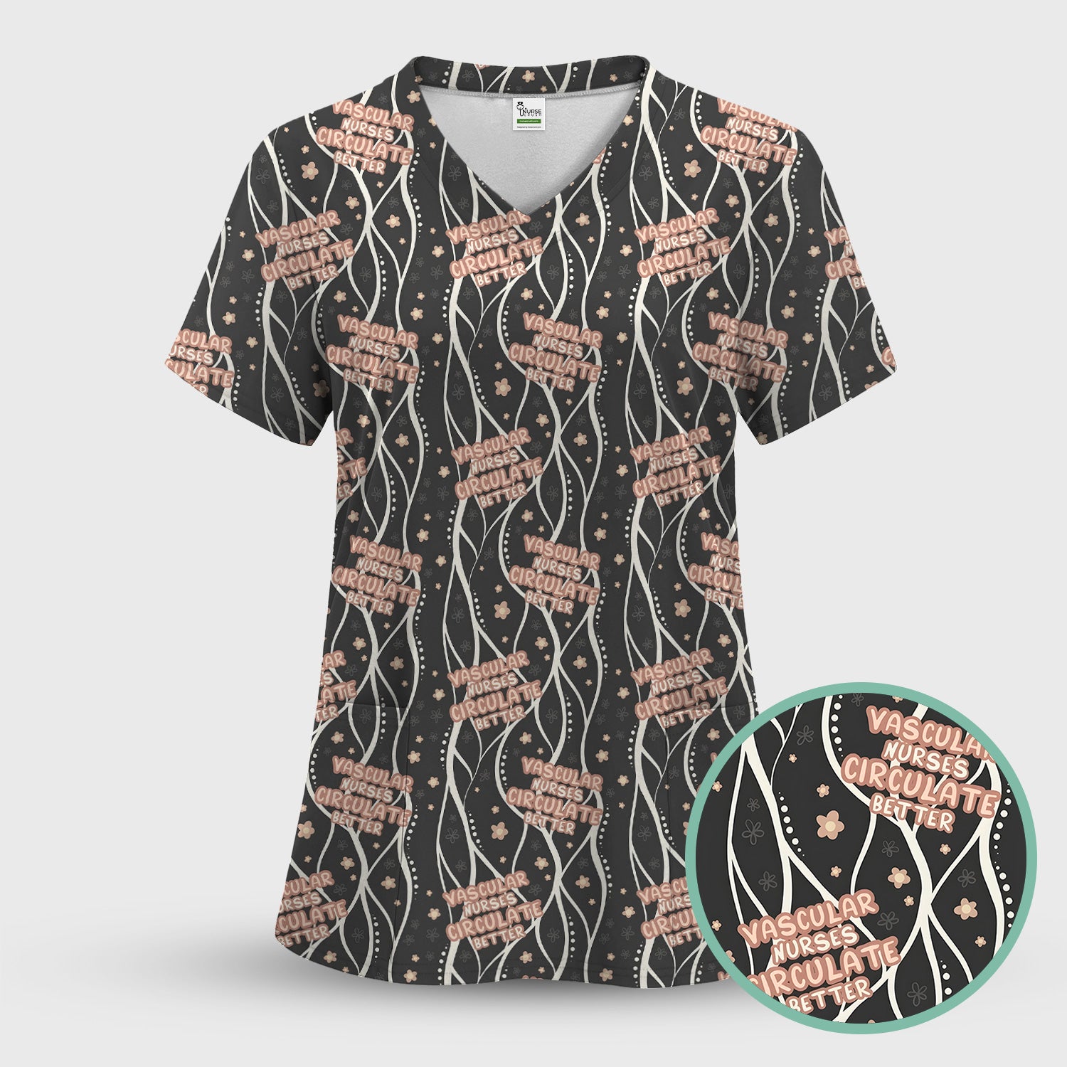 Inspirational Vascular Nurse Circulation Awareness Pattern Scrub Set, Scrub Pants and V Neck Top