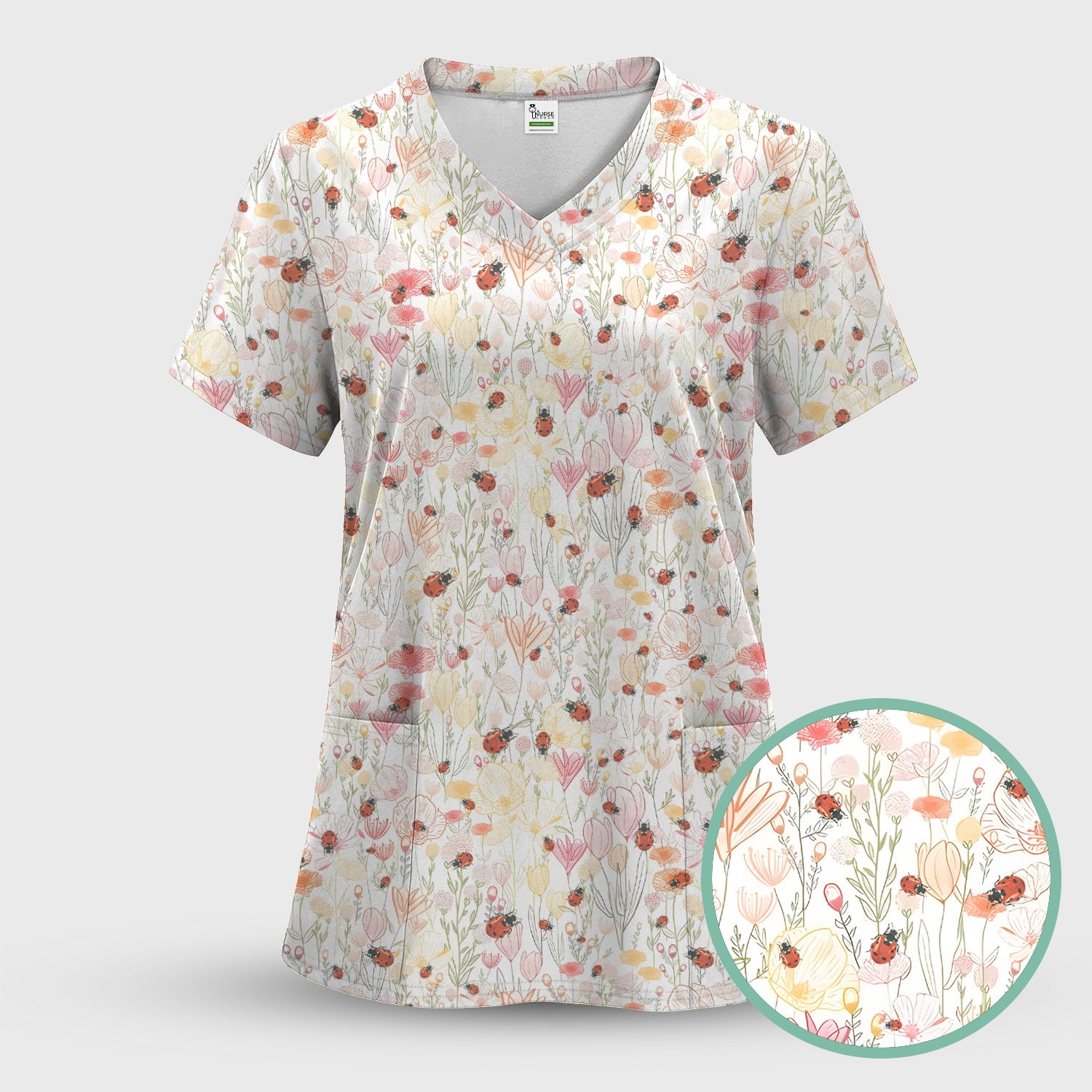 Cute Nurse Wildflower Ladybug Garden Pattern Scrub Top, Comfortable Scrubs for Nurses