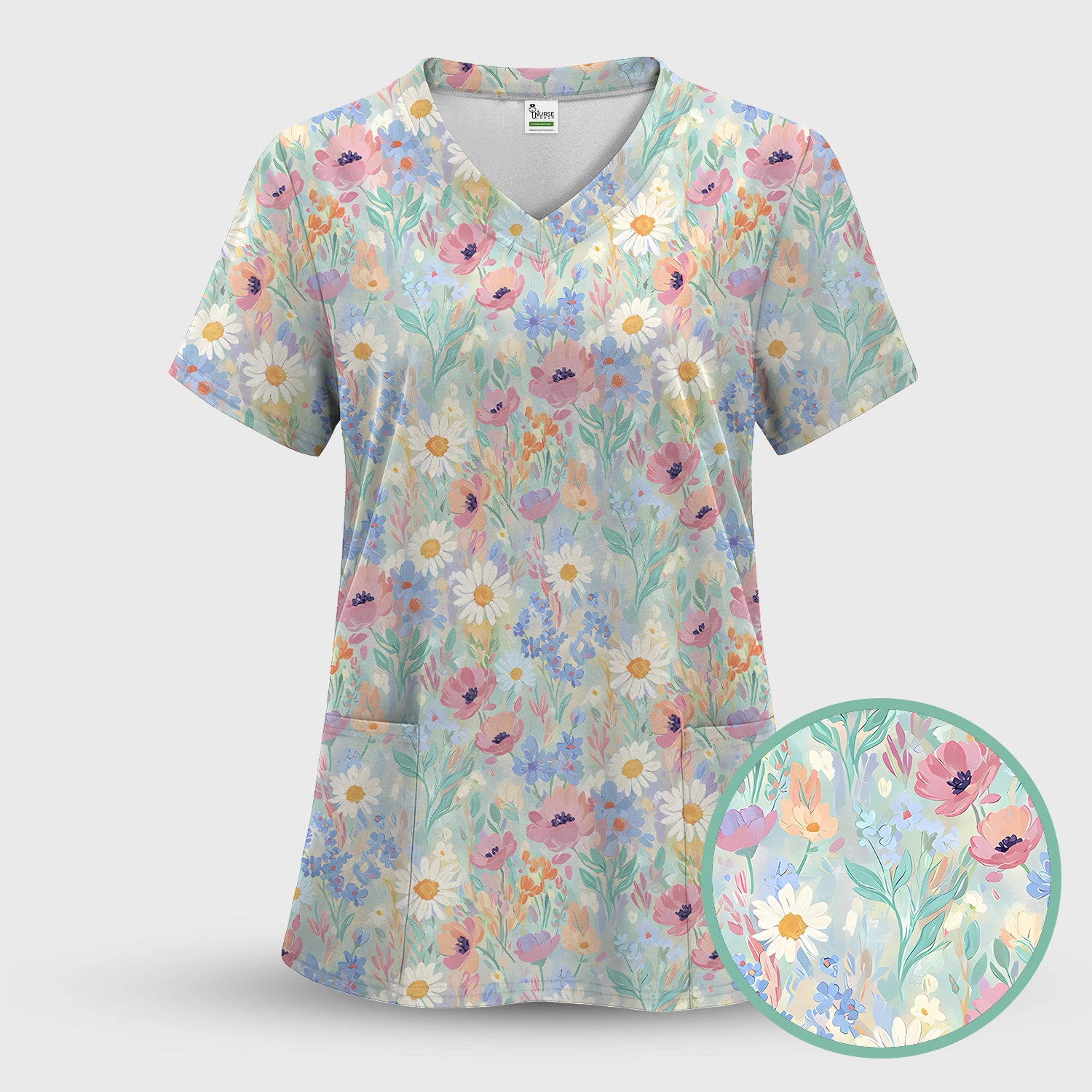 Pastel Wildflower Meadow Floral Pattern Scrub Set, Scrub Pants and V Neck Top