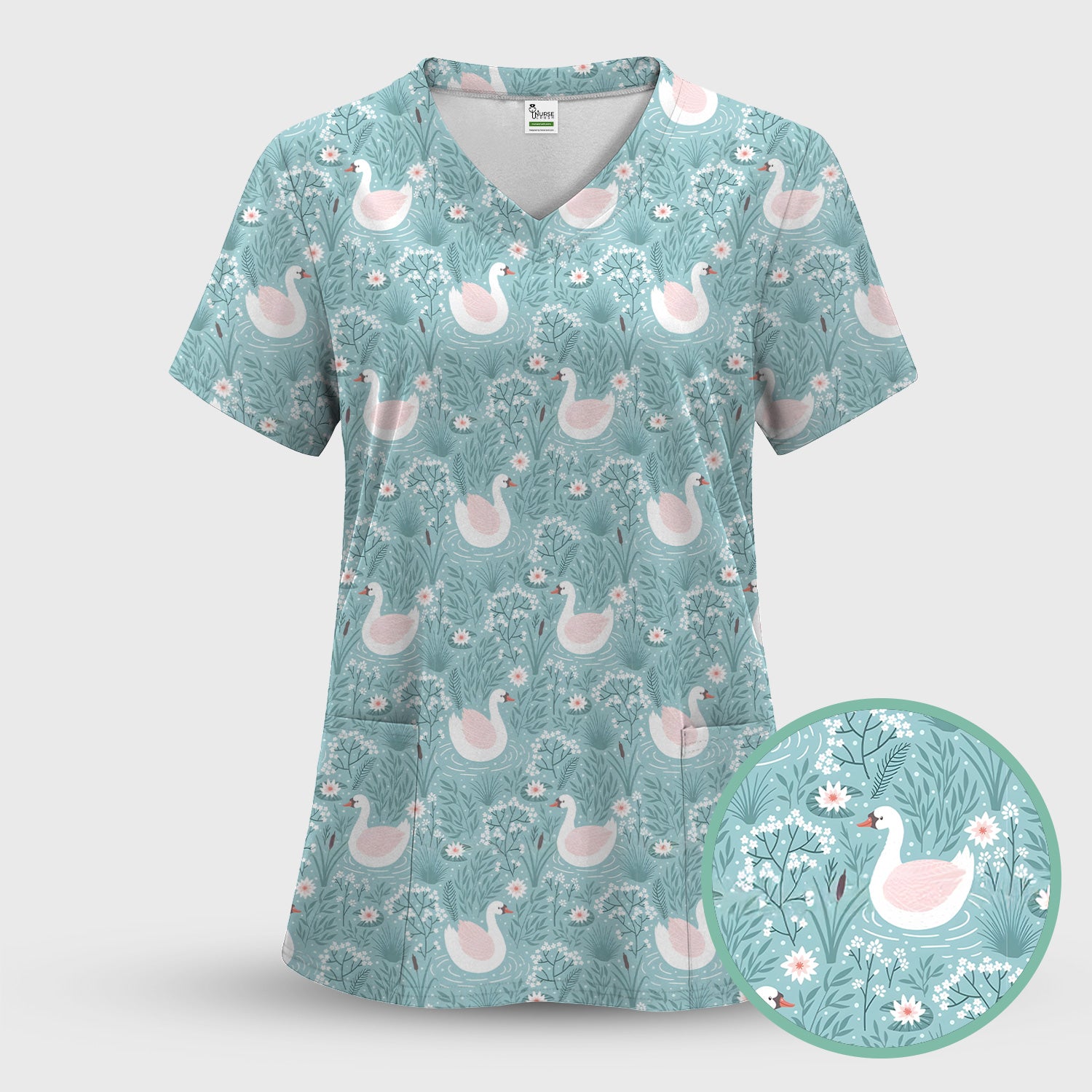 Sweet Swan Waterlily Garden Pattern Scrub Set, Scrub Pants and V Neck Top