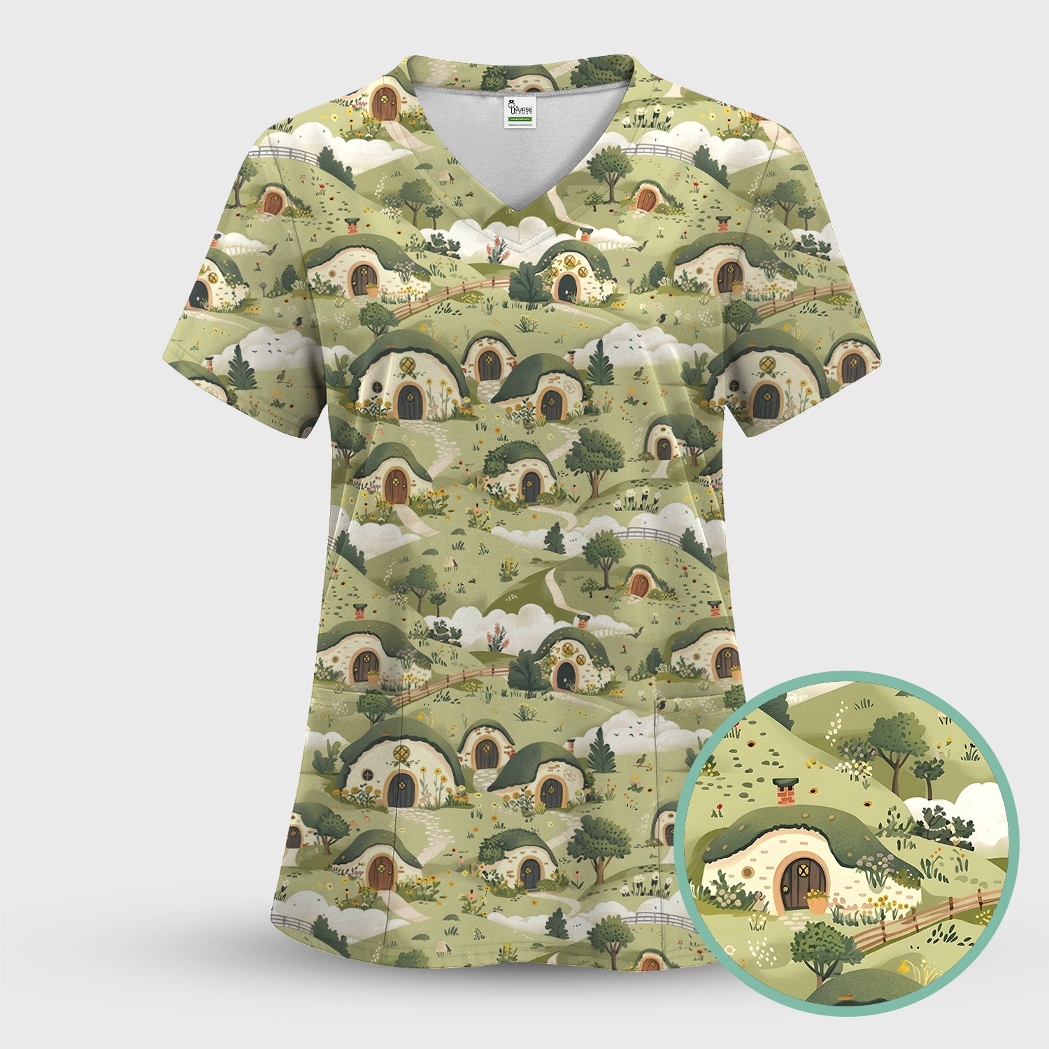 Cozy Hobbit Village Landscape Pattern Scrub Top, Comfortable Scrubs for Nurses