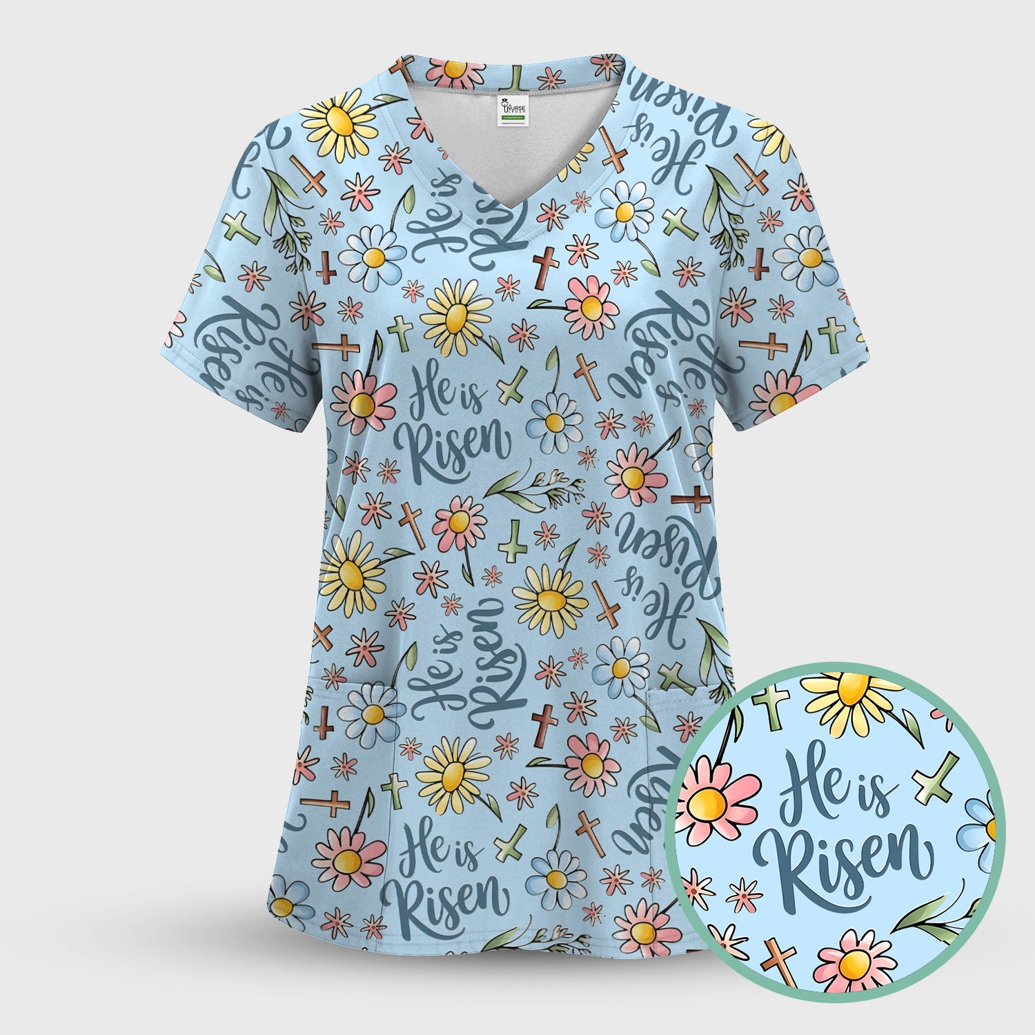 He Is Risen Cross Flower Pattern Scrub Set, Nurse Uniform Scrubs Set