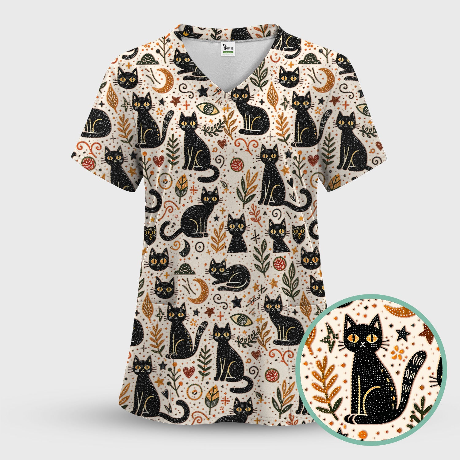 Mystic Black Cat Celestial Doodle Pattern Scrub Top, Comfortable Scrubs for Nurses