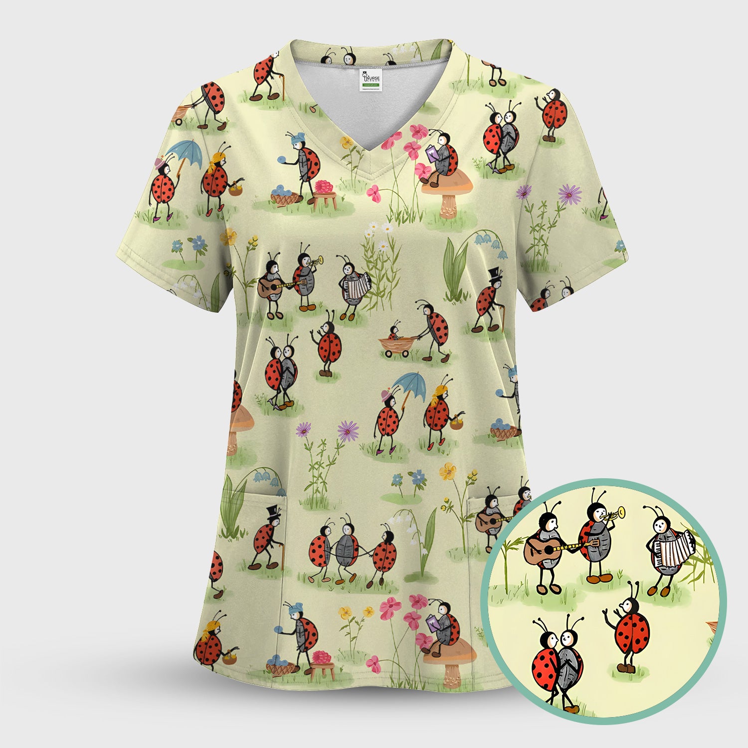 Whimsical Ladybug Garden Activity Pattern Scrub Top, Comfortable Scrub ...