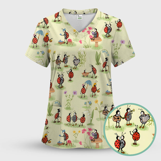 Whimsical Ladybug Garden Activity Pattern Scrub Top, Comfortable Scrub ...