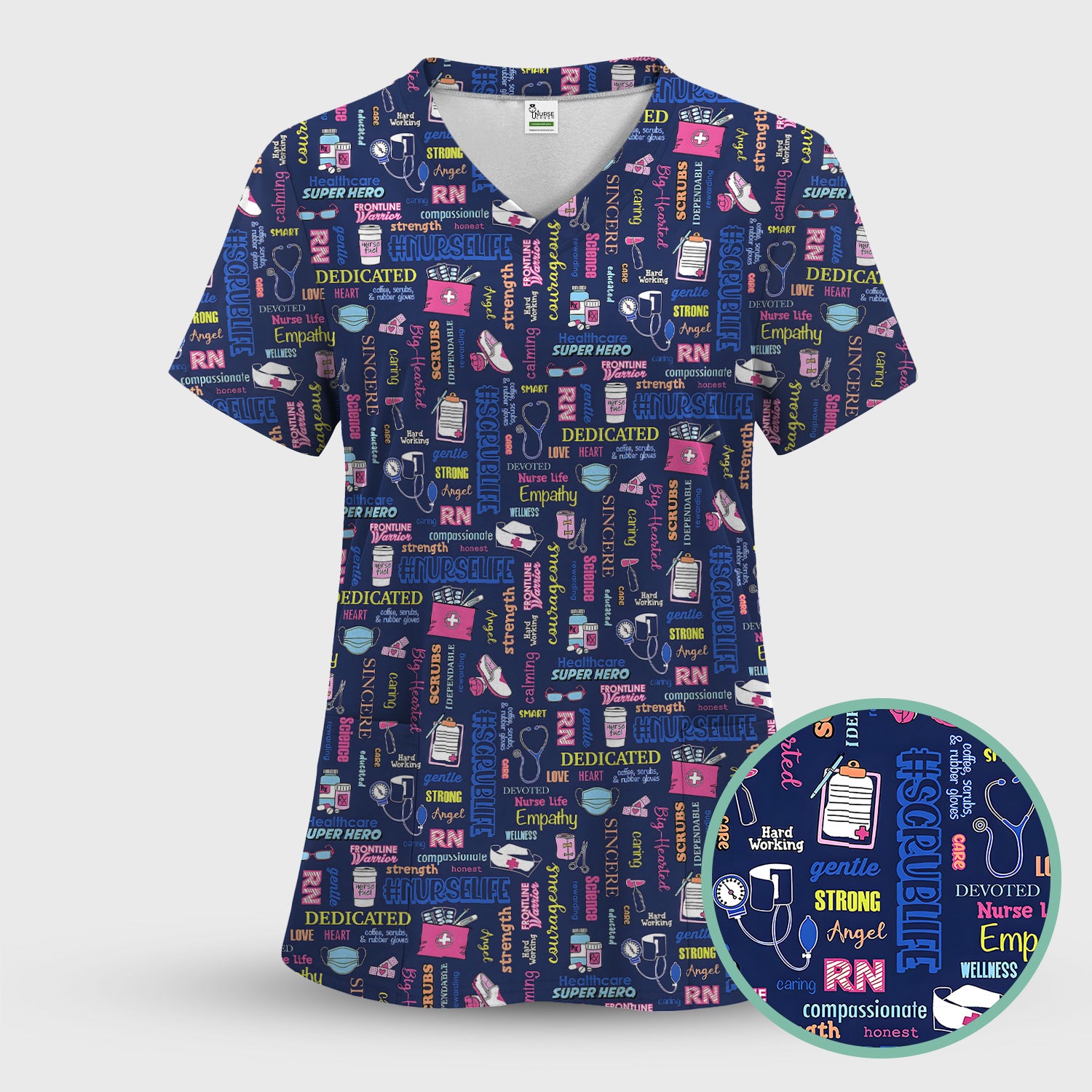 Colorful Nurse Life Typography Print Scrub Top, Breathable Fabrics Nursing Uniform