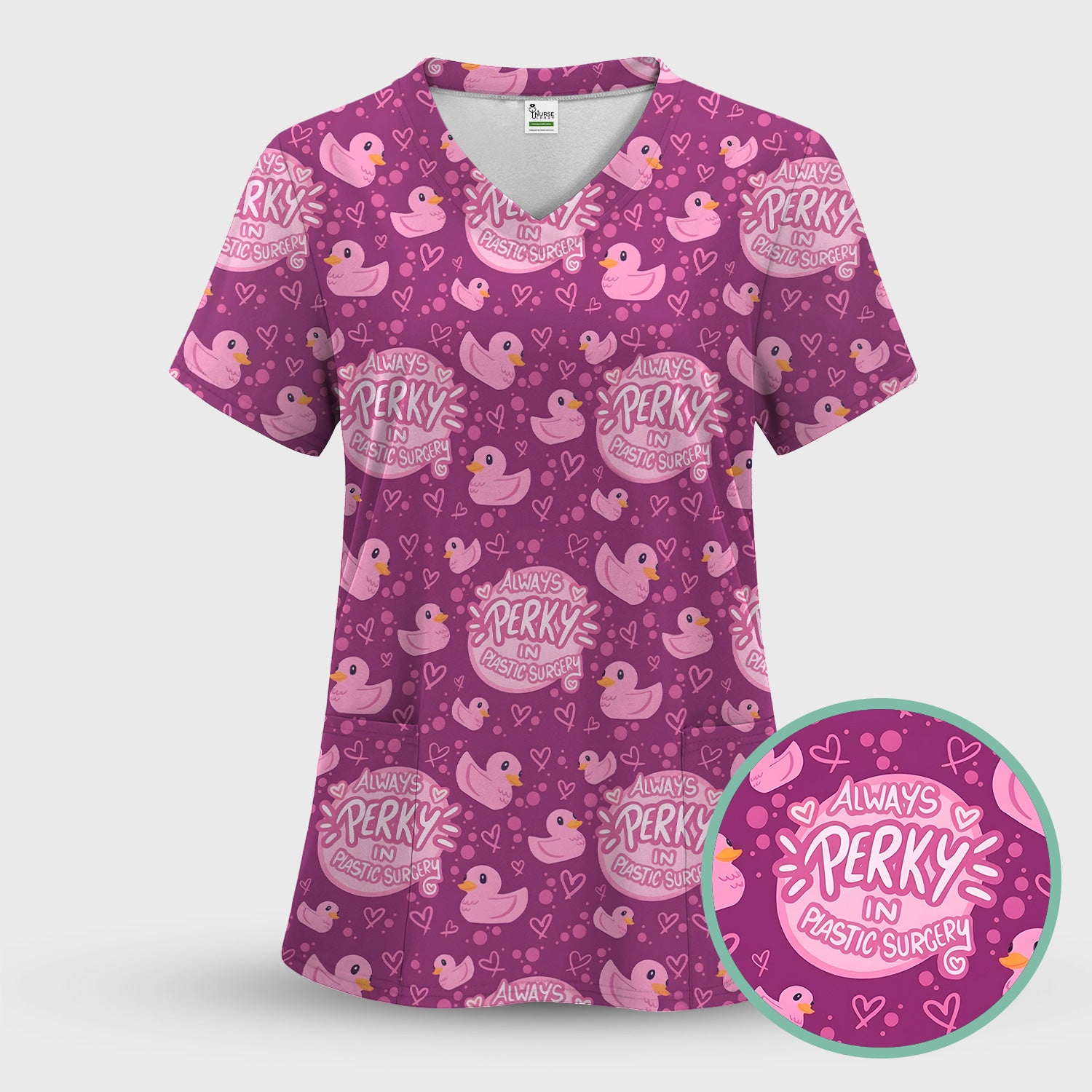Always Perky Plastic Surgery Duck Pattern Scrub Top, Comfortable Scrubs for Nurses