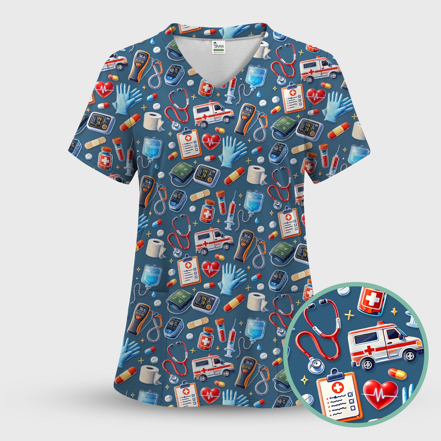 Medical Tools Pattern Ambulance Stethoscope Scrub Top, Comfortable Scrubs for Nurses