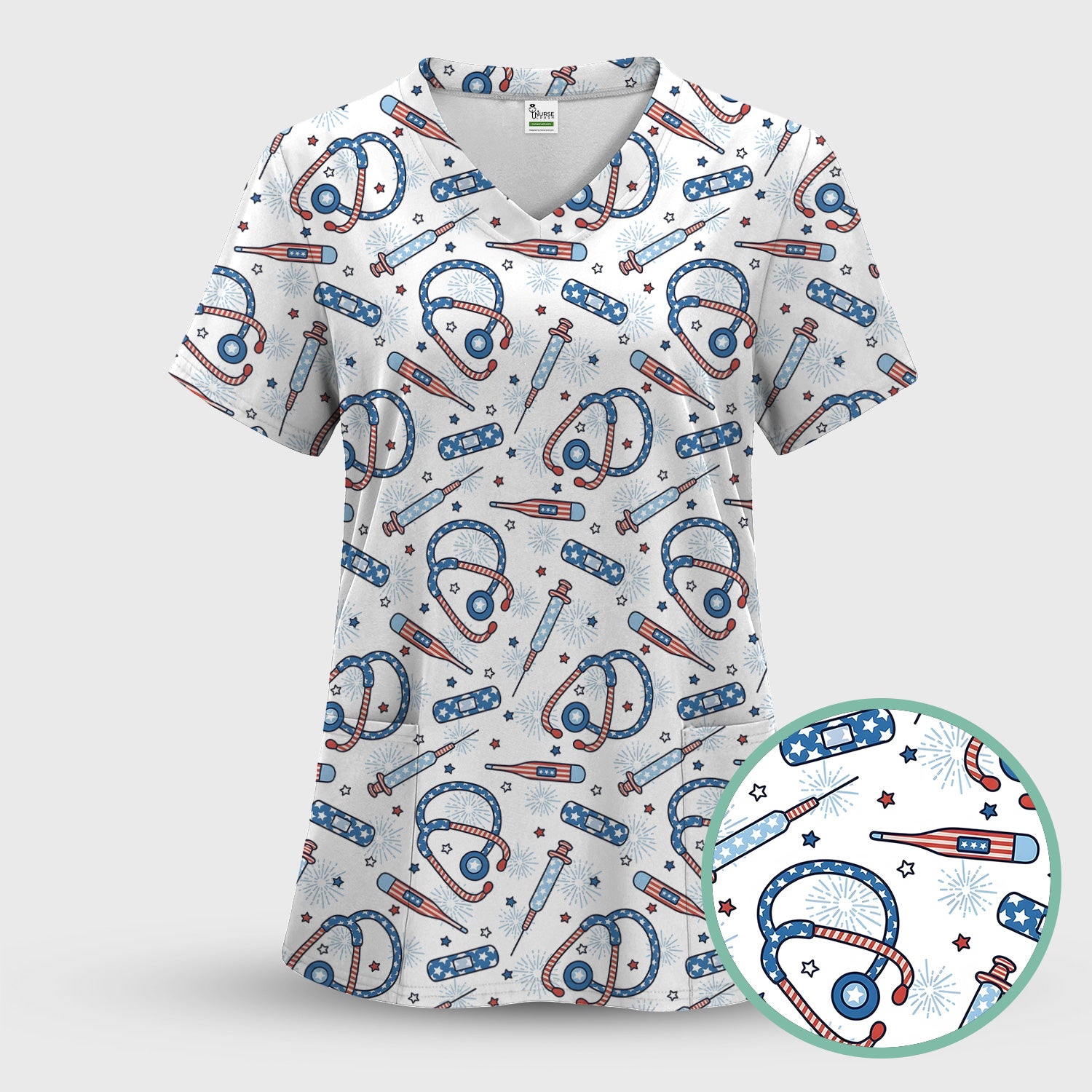 Funny Patriotic Stethoscope Bandage Nurse Pattern Scrub Set, Scrub Pants and V Neck Top