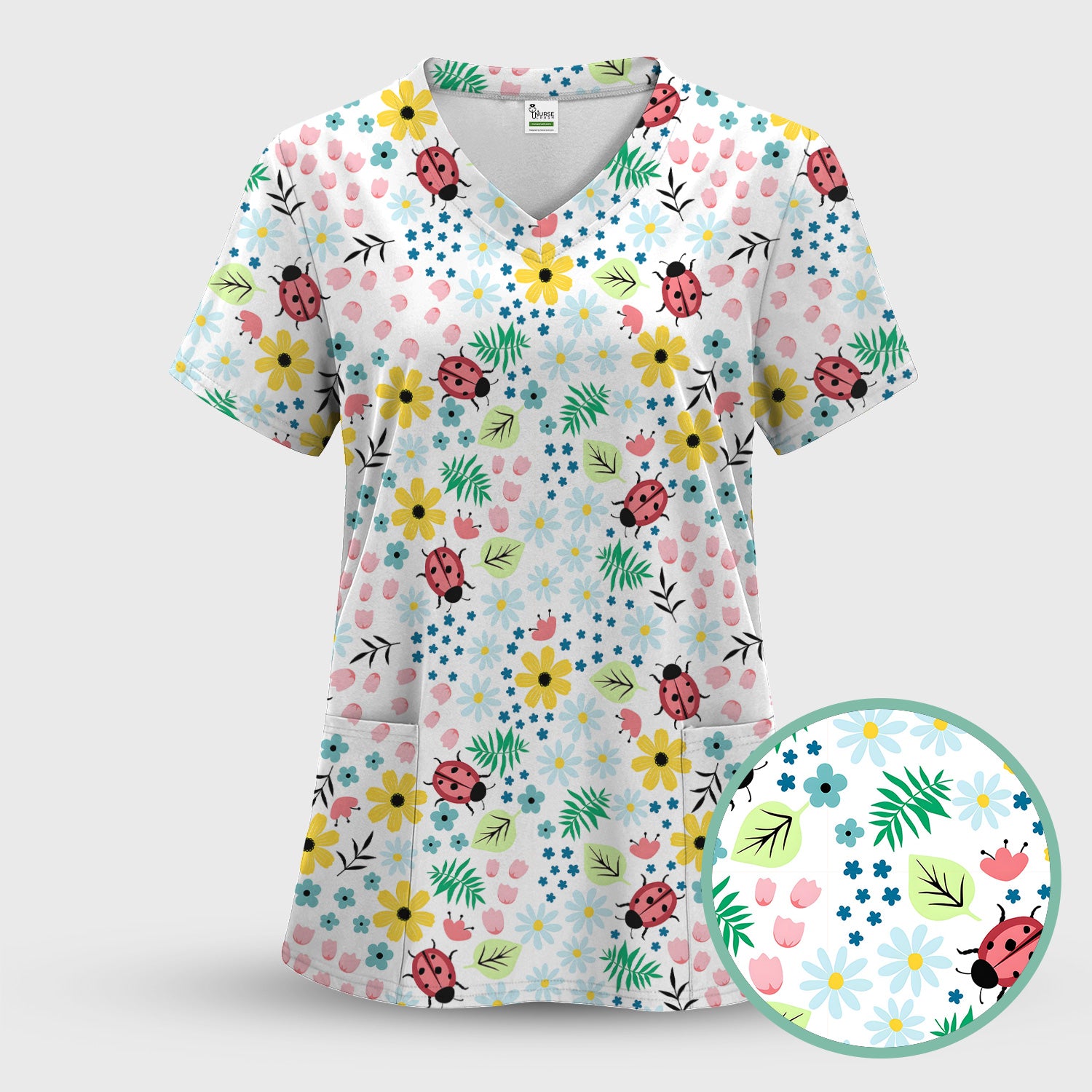 Cute Ladybug Floral Garden Print Scrub Top, Comfortable Scrubs for Nurses