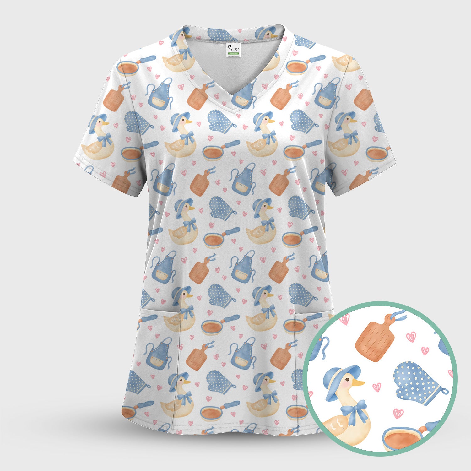 Duck Apron Kitchen Utensil Heart Pattern Scrub Top, Comfortable Scrubs for Nurses