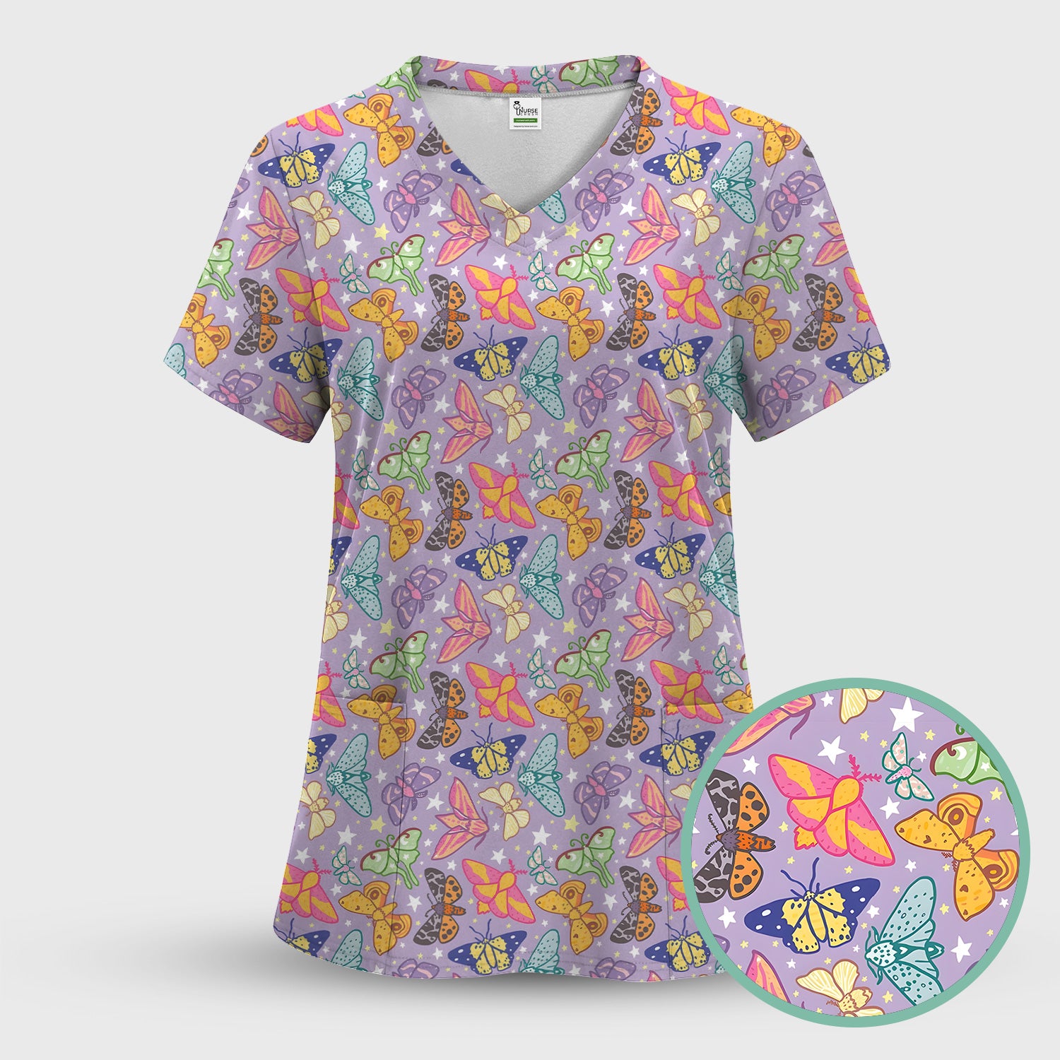 Colorful Butterfly Moth Pattern Scrub Set, Scrub Pants and V Neck Top