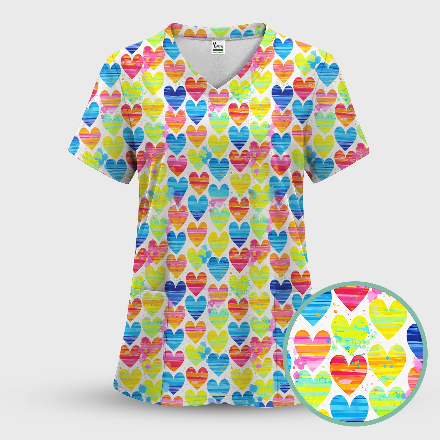 Bright Multicolor Rainbow Heart All Over Print Pattern Scrub, Comfortable Scrubs for Nurses