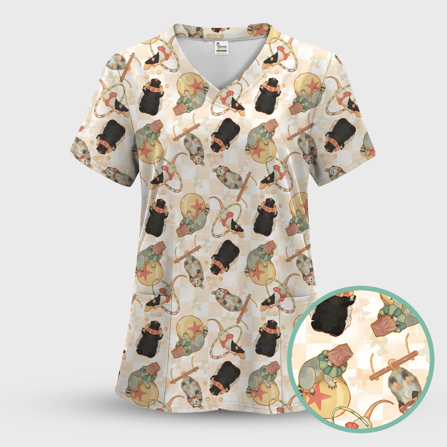 Cute Circus Animal Mouse Acrobat Pattern Scrub Top, Comfortable Scrubs for Nurses