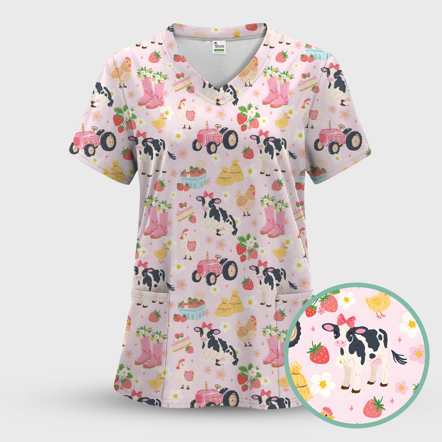 Cute Farm Animals & Strawberry Garden Pattern Scrub Set, Scrub Pants and V Neck Top