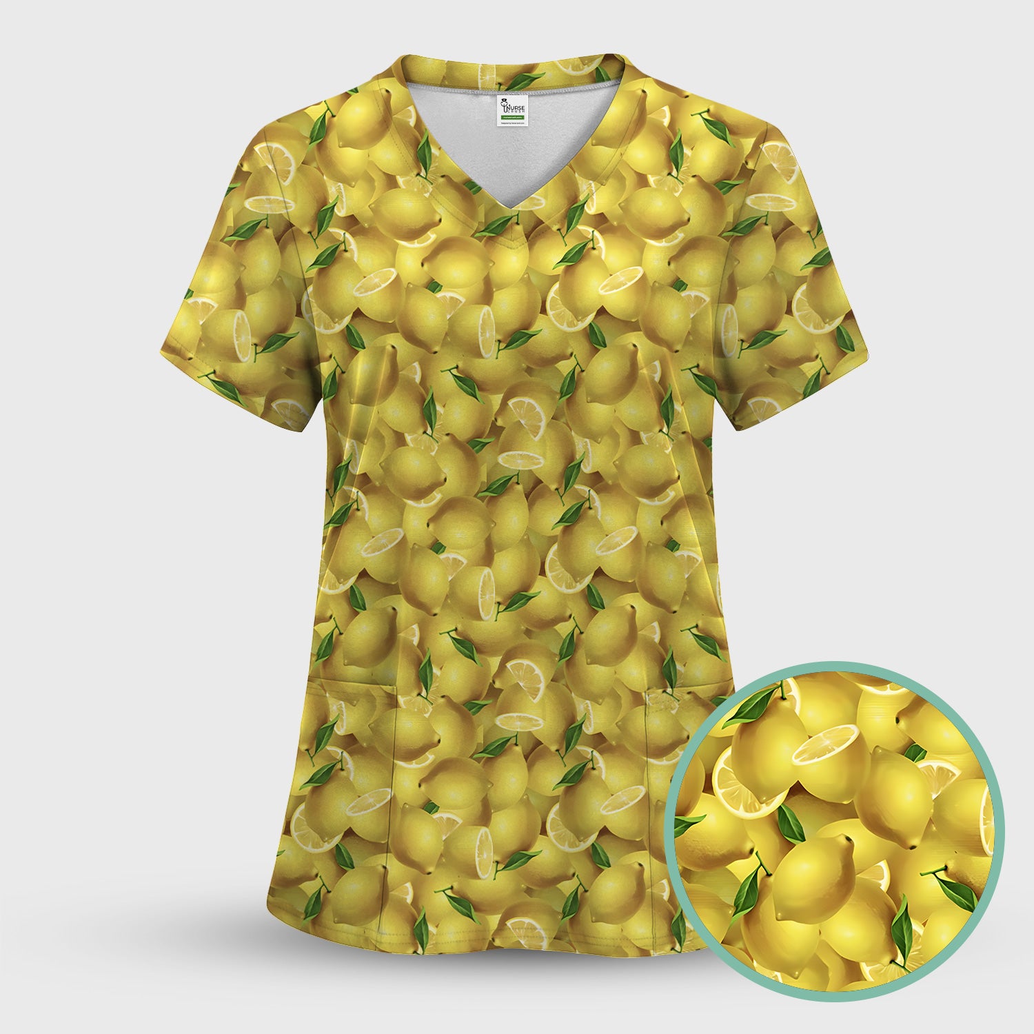 Fresh Lemon Fruit Pattern Scrub Sets, Scrub Pants and V Neck Top
