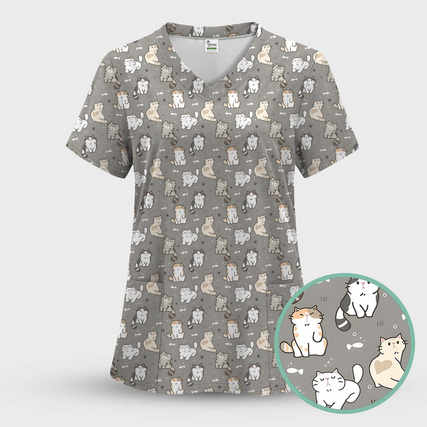 Pastel Cat Scrub Top, Cute Cat Pattern Nurse Shirt, Breathable Fabrics Nursing Uniform