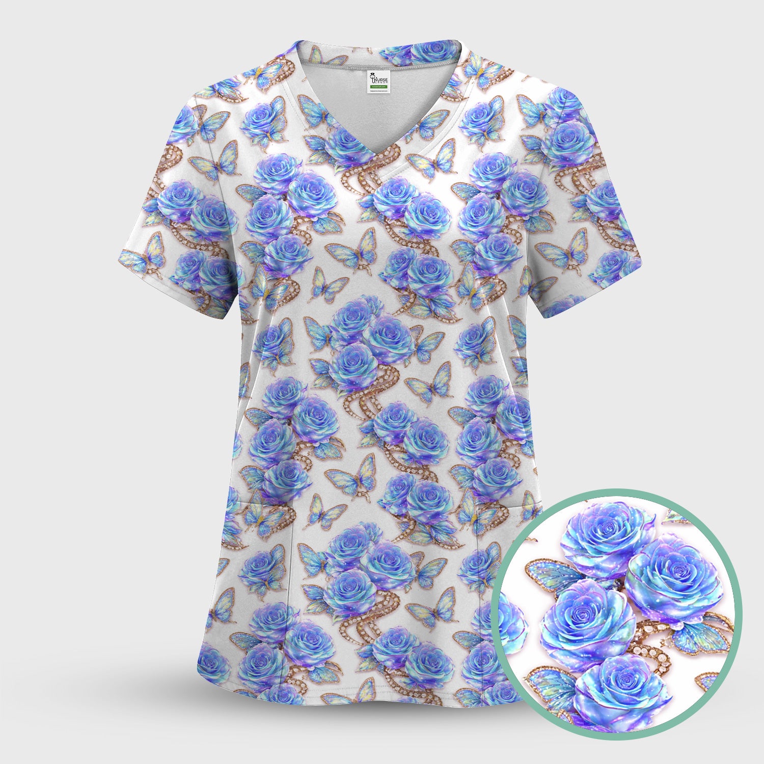 Elegant Blue Rose Floral Print Scrub Top, Soft & Breathable Nurse Scrubs