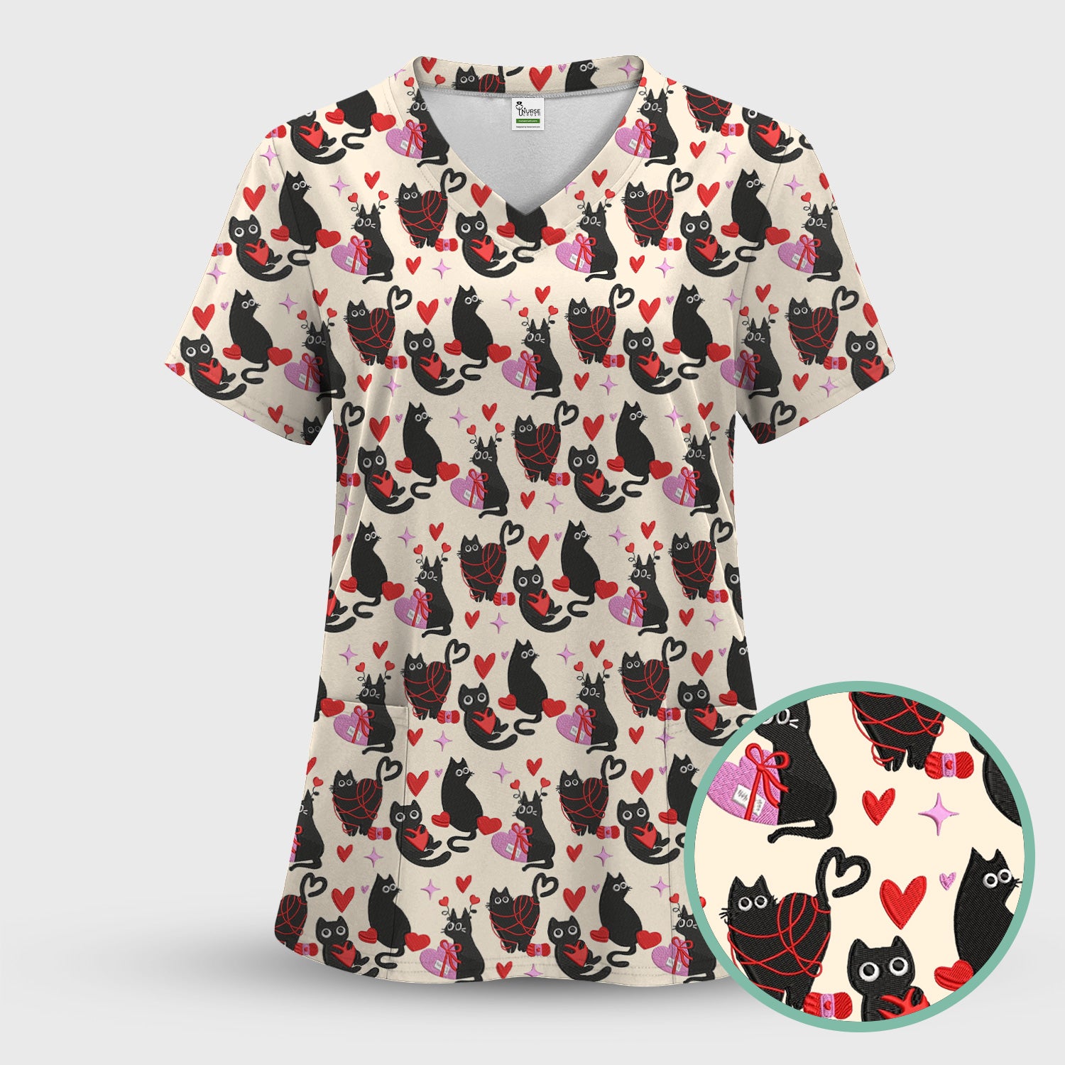 Valentine’s Day Scrub Set, Cute Black Cat With Heart Pattern Nurse Shirt, Breathable Fabrics Nursing Uniform