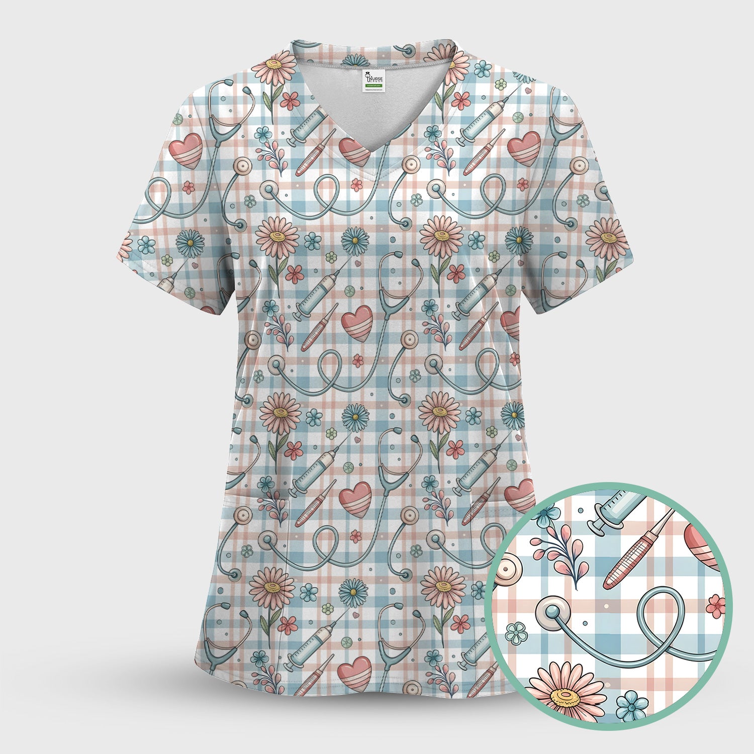 Stethoscope Heart Syringe Floral Plaid Pattern Scrub Set, Scrub Pants and V Neck Top