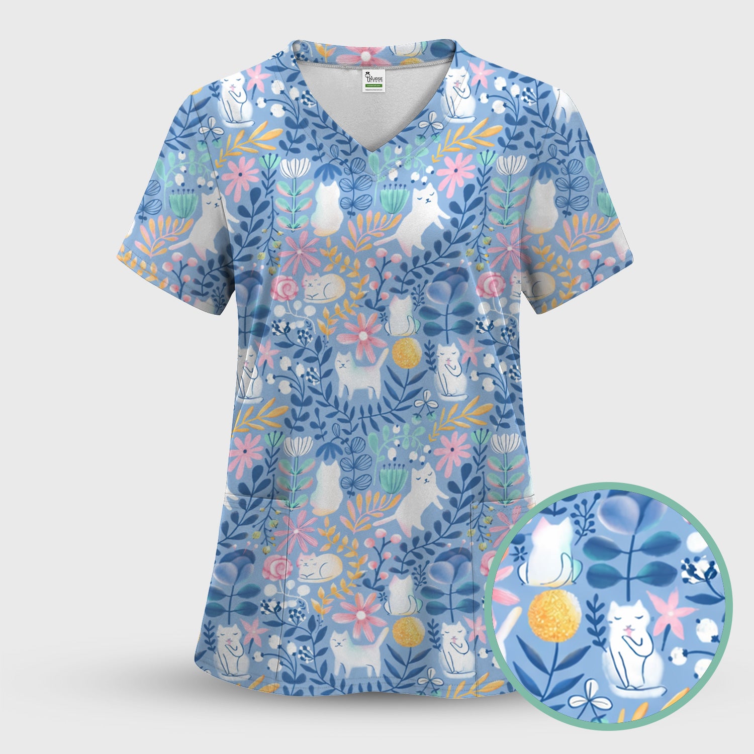Whimsical Cat Floral Pattern Scrub Set, Women's Scrub Sets