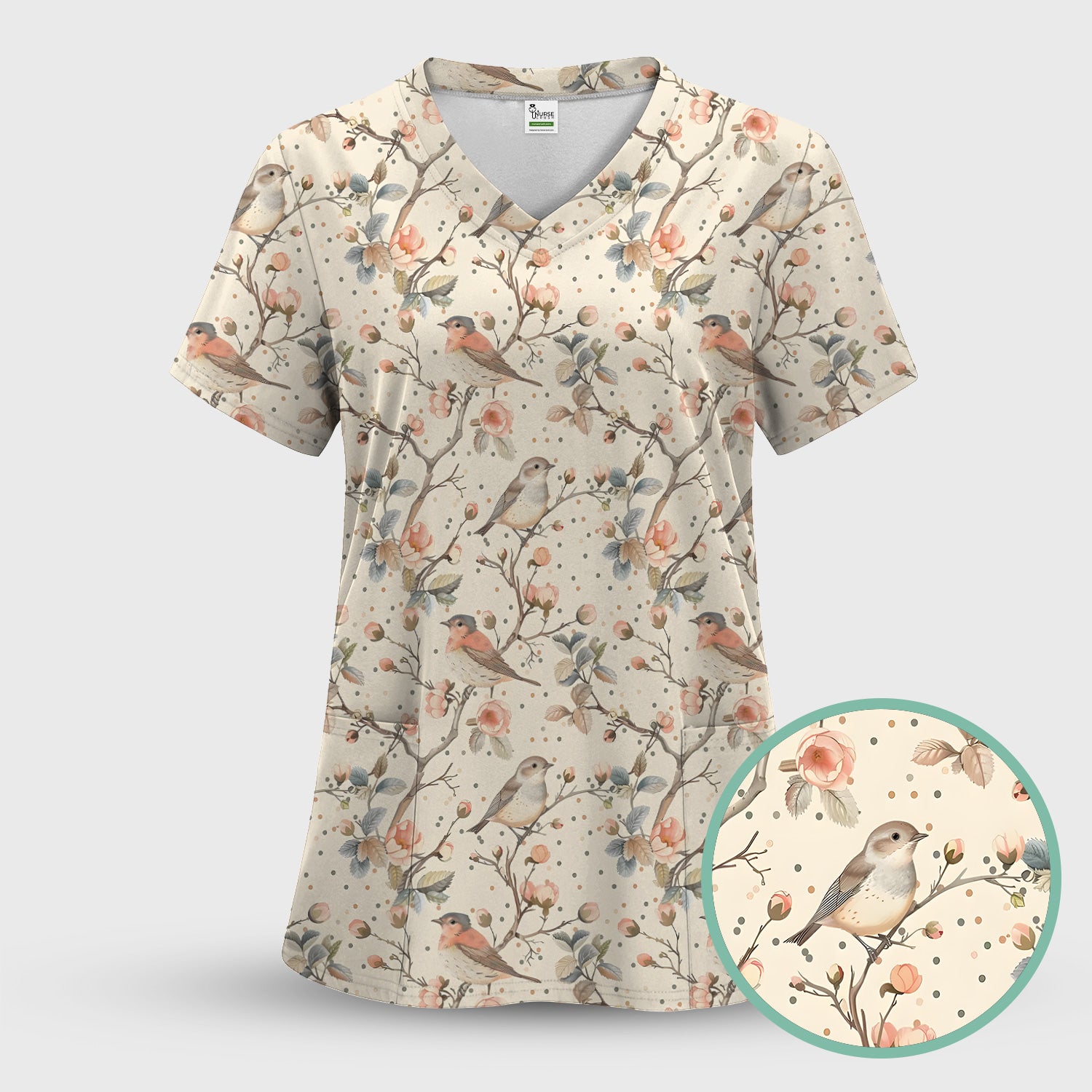 Vintage Bird Floral Branch Print Scrub Set, Scrub Pants and V Neck Top