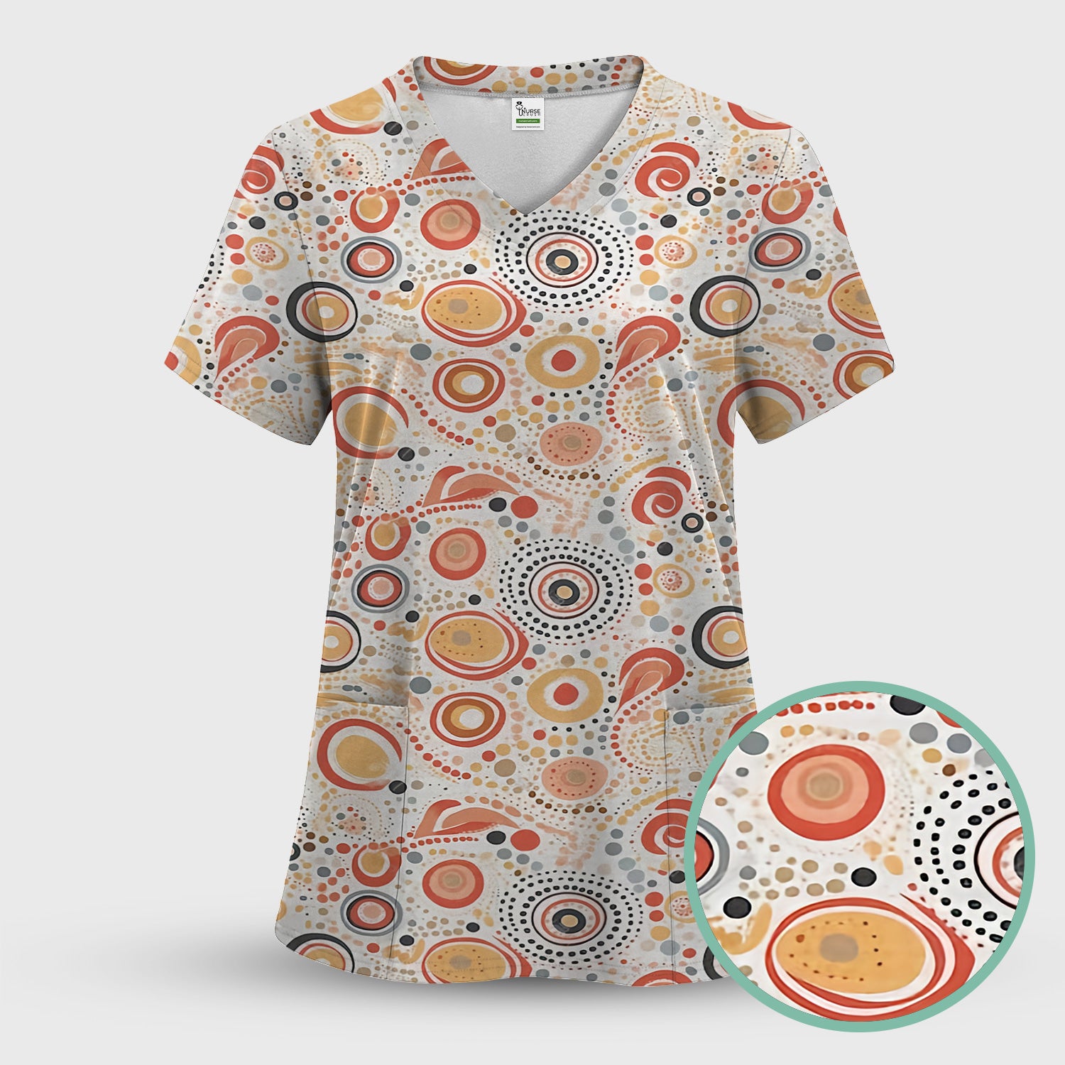 Abstract Earth Tone Dot Circle Pattern Scrub Top, Breathable Fabrics Nursing Uniform