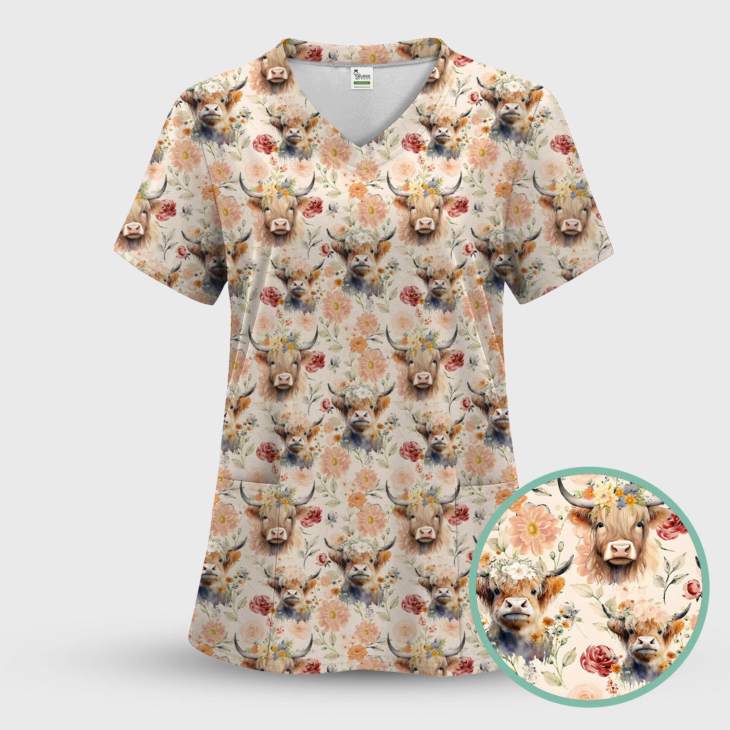 Cute Highland Cow Floral Pattern Scrub Top, Comfortable Scrubs for Nurses