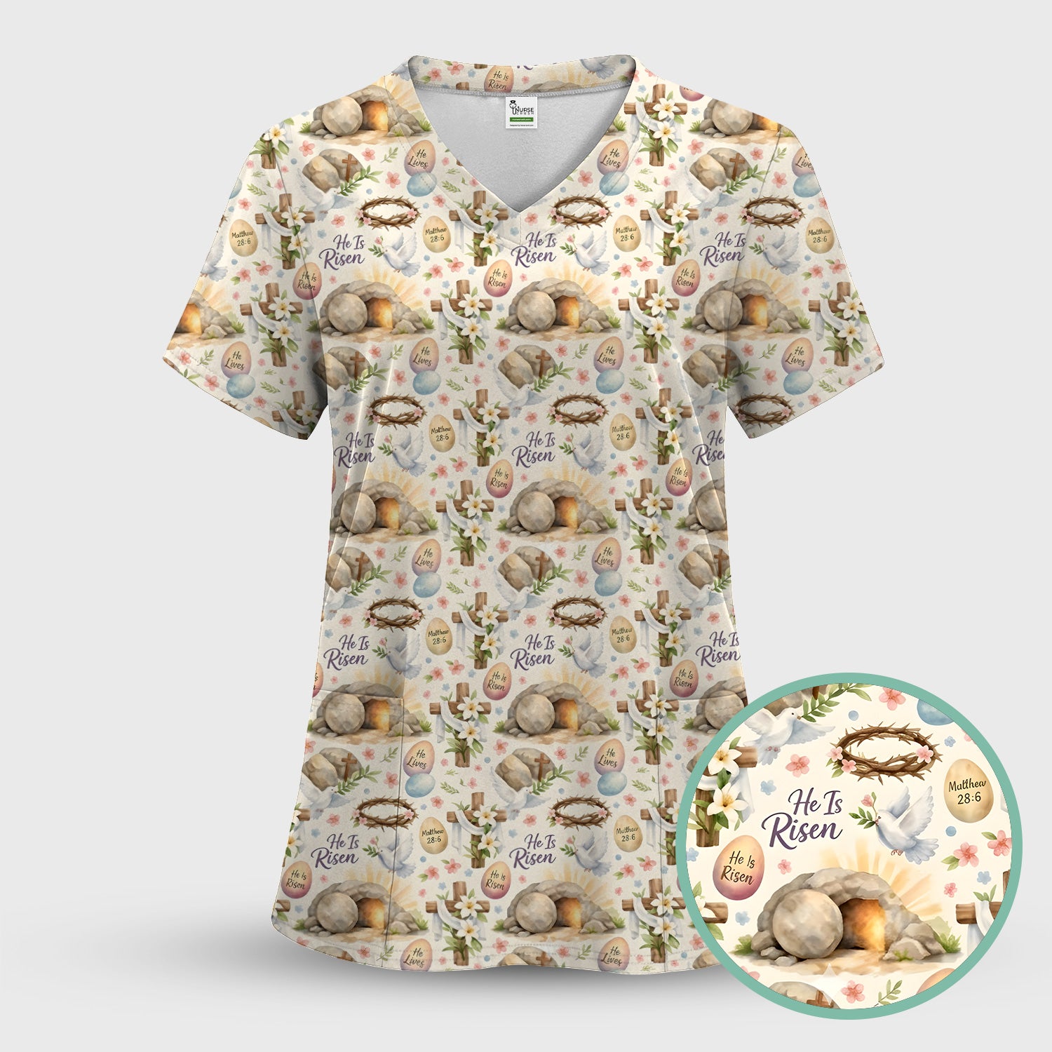 He Is Risen Cross Tomb Lily Pattern Scrub Set, Scrub Pants and V Neck Top
