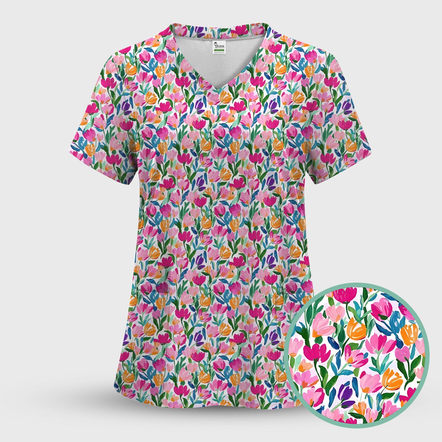 Vibrant Tulip Meadow Pattern Scrub Top, Breathable Fabrics Nursing Uniform