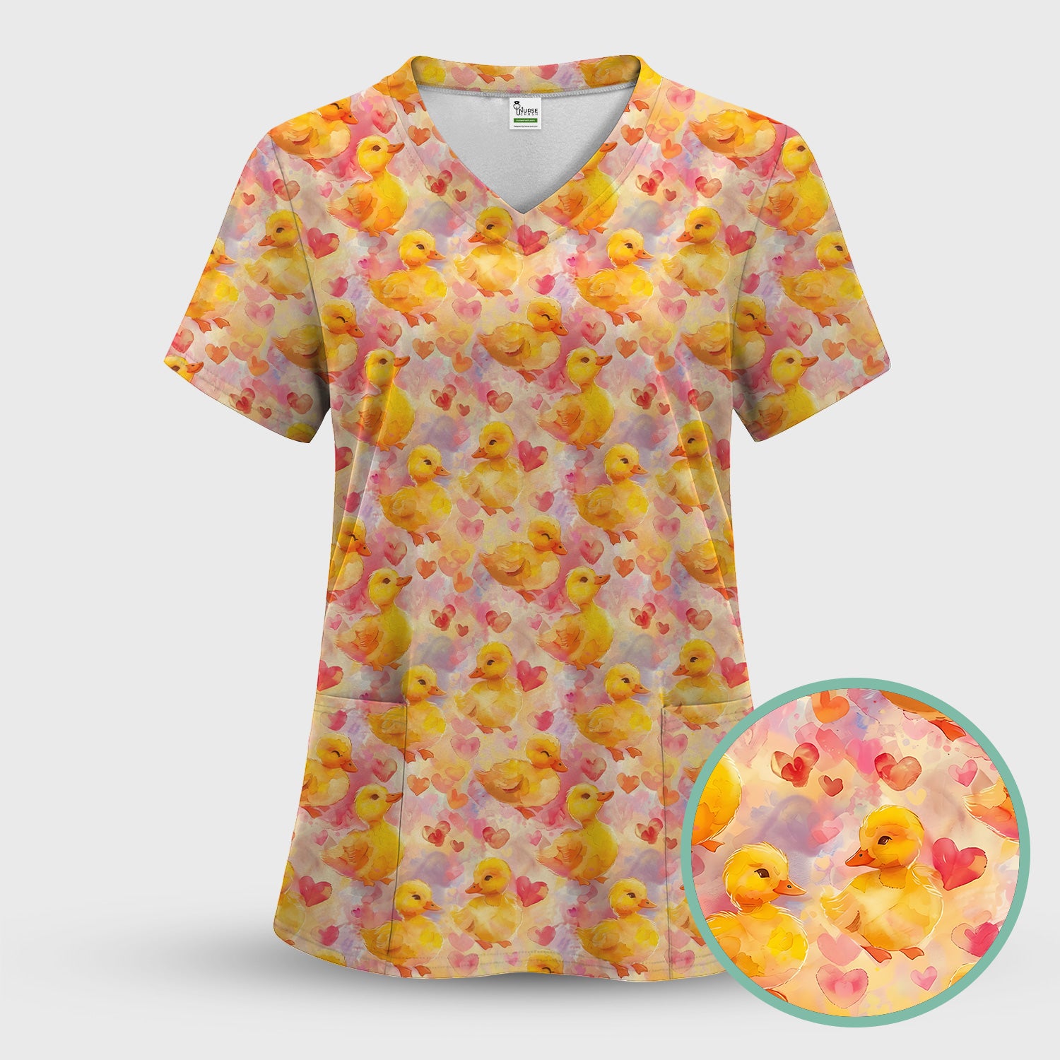 Cute Duck Heart Watercolor Pattern Scrub Top, Comfortable Scrubs for Nurses