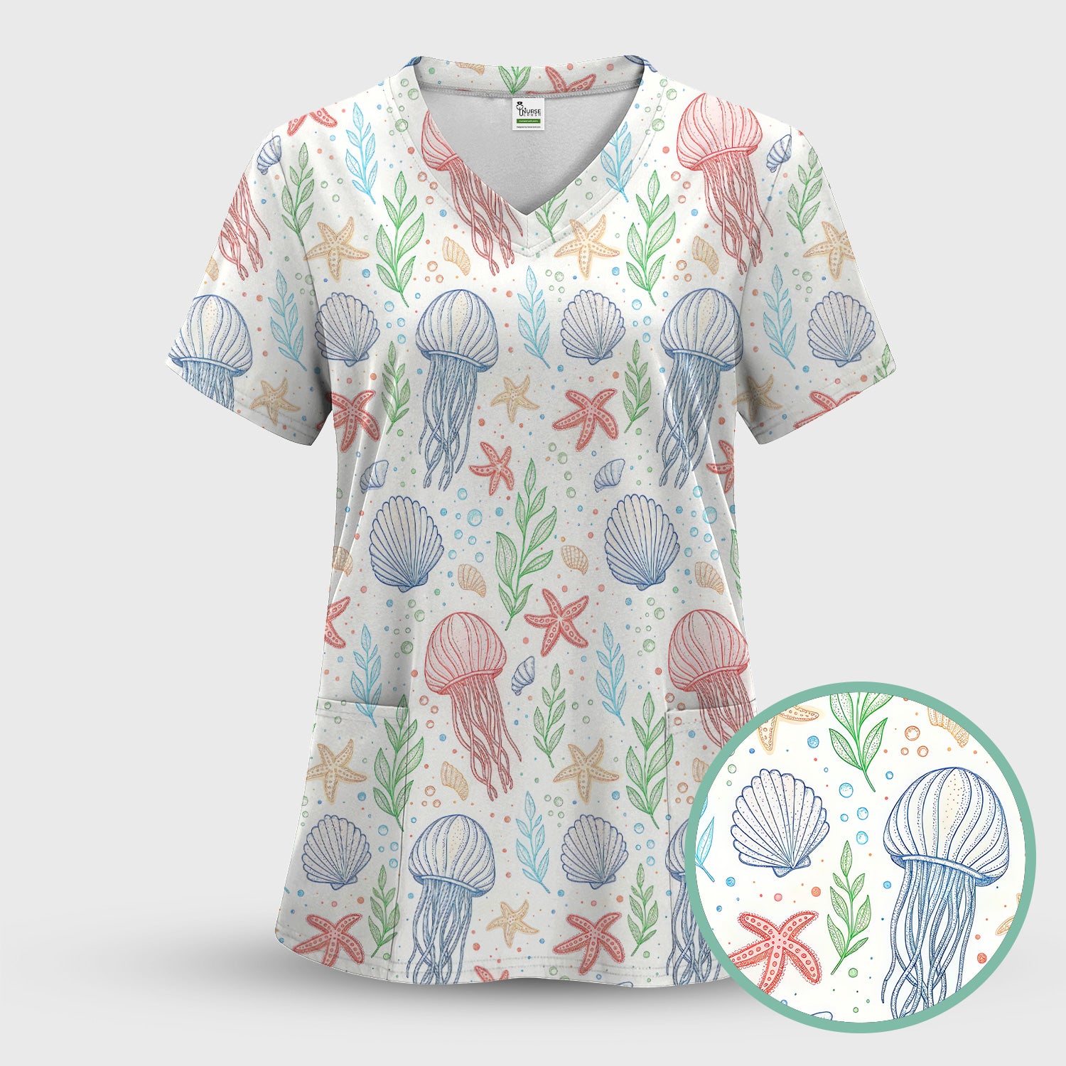 Ocean Jellyfish Starfish Seashell Pattern Scrubs Top, Comfortable Scrubs for Nurses