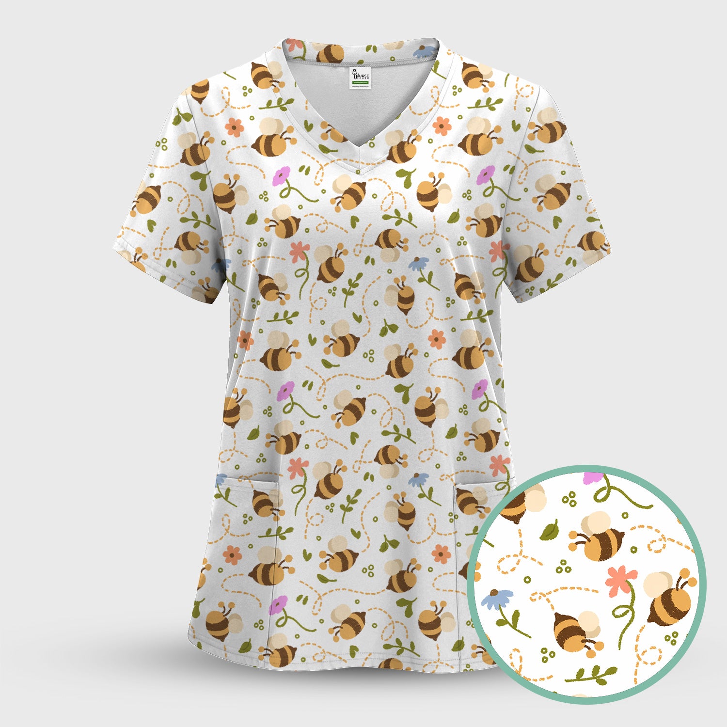 Bee Flying Floral Trail Garden Pattern Scrub Set, Scrub Pants and V Neck Top