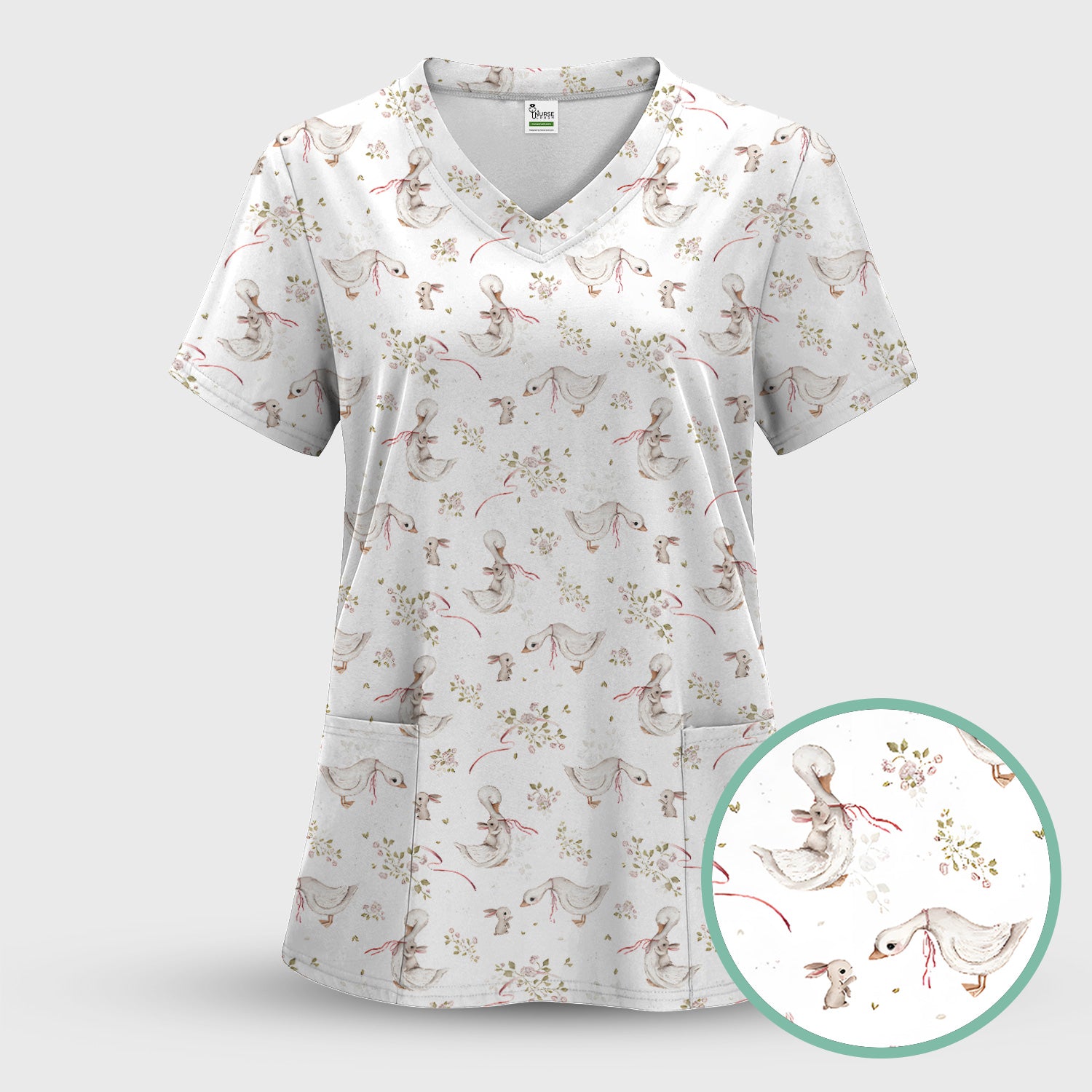 Cute Duck Bunny Floral Print Scrub Top, Breathable Fabrics Nursing Uniform, Easter