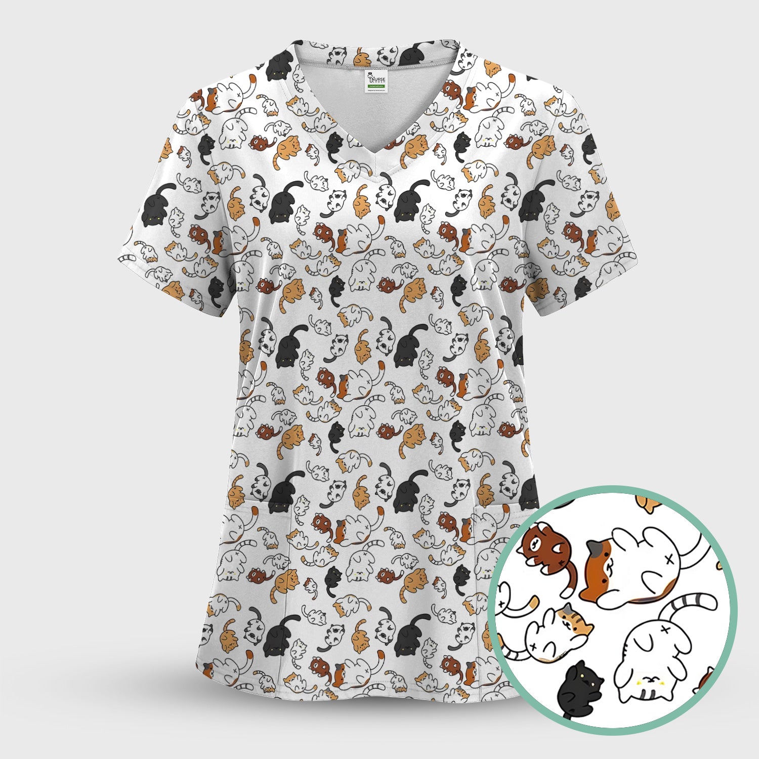 Funny Cat Scrub Top, Cute Cat Pattern Nurse Shirt For Women, Breathable Fabrics Nursing Uniform